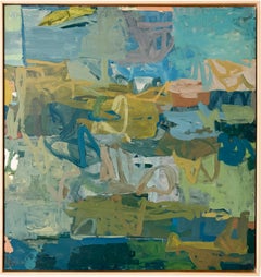 Frutteto (dipinto astratto su tela nei toni della terra del blu e del verde, con cornice)