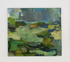 Rivertop I (Square Abstract Oil Painting on Canvas in Green & Teal Palette)