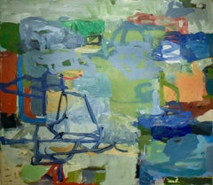 Rivertop II (peinture à l'huile abstraite sur toile en palette de vert, rouge et sarcelle)