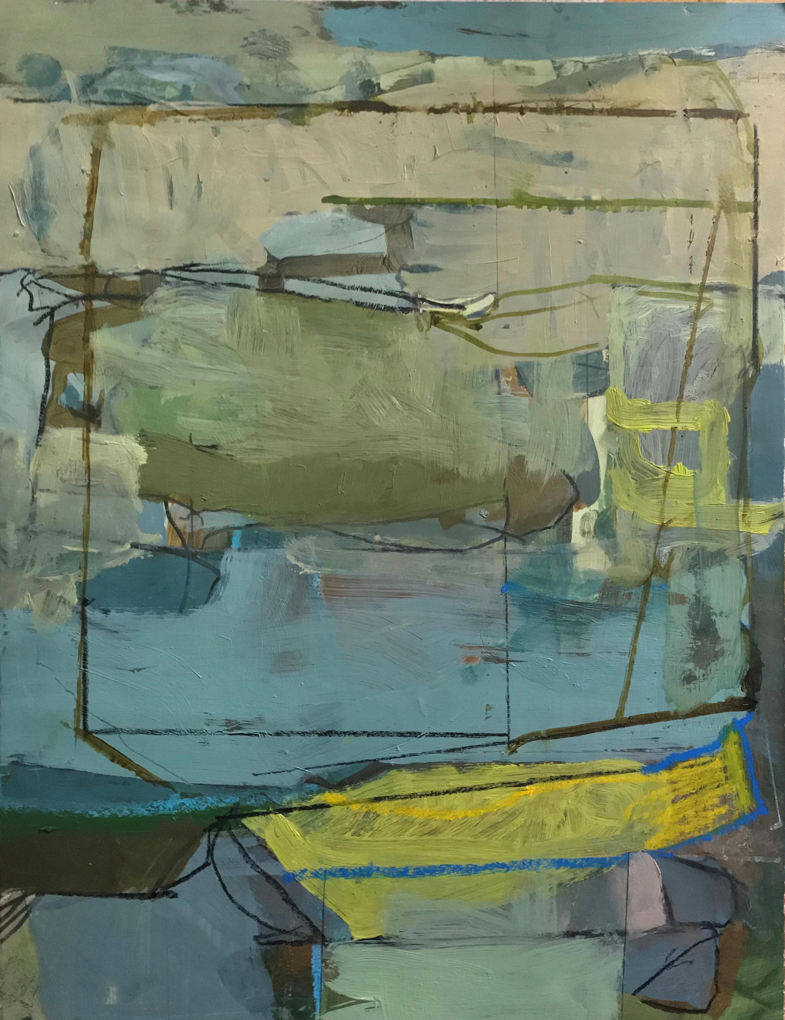 James O'Shea Abstract Painting - Tablescape I (Abstract Gouache Drawing in Green & Blue Palette with White Frame)