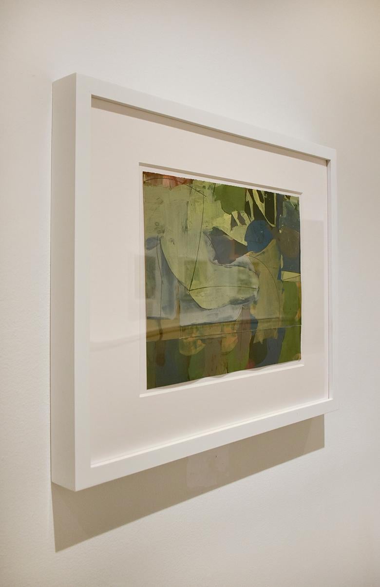 Tablescape II (Abstract Framed Gouache Drawing on Paper in Beige, Blue, Yellow) - Painting by James O'Shea