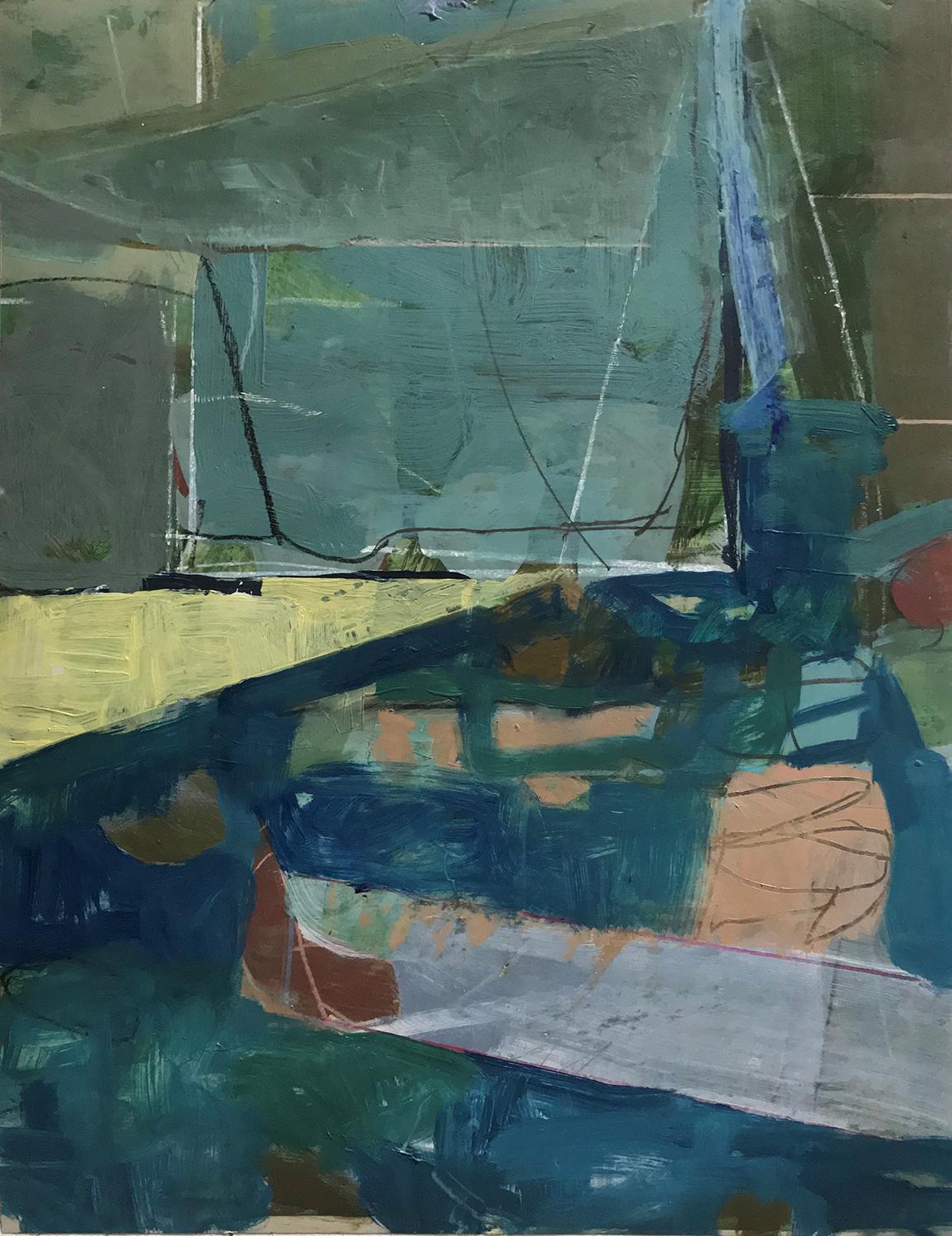 James O'Shea Abstract Drawing - Tablescape III (Abstract Framed Gouache Drawing on Paper in Teal, Blue, & Green)