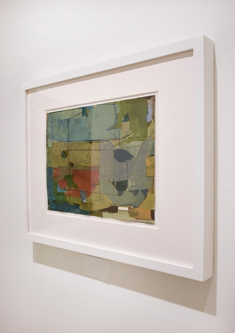 Tablescape IV (Abstract Framed Gouache Drawing on Paper in Beige, Blue, Red) - Art by James O'Shea