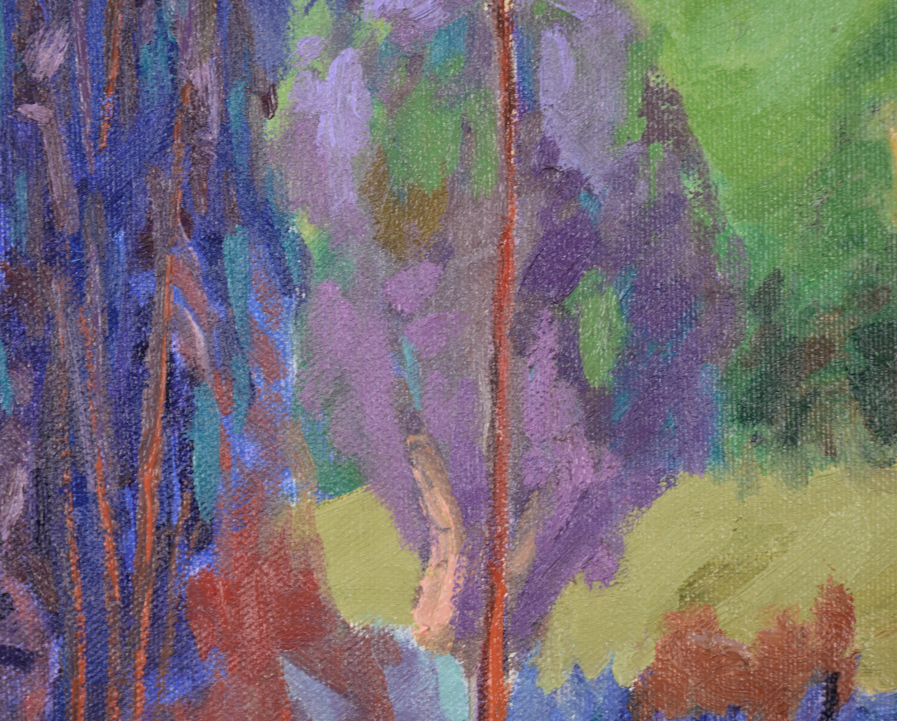 Eucalyptus Trees, Vertical Landscape - Purple Landscape Painting by James Osorio