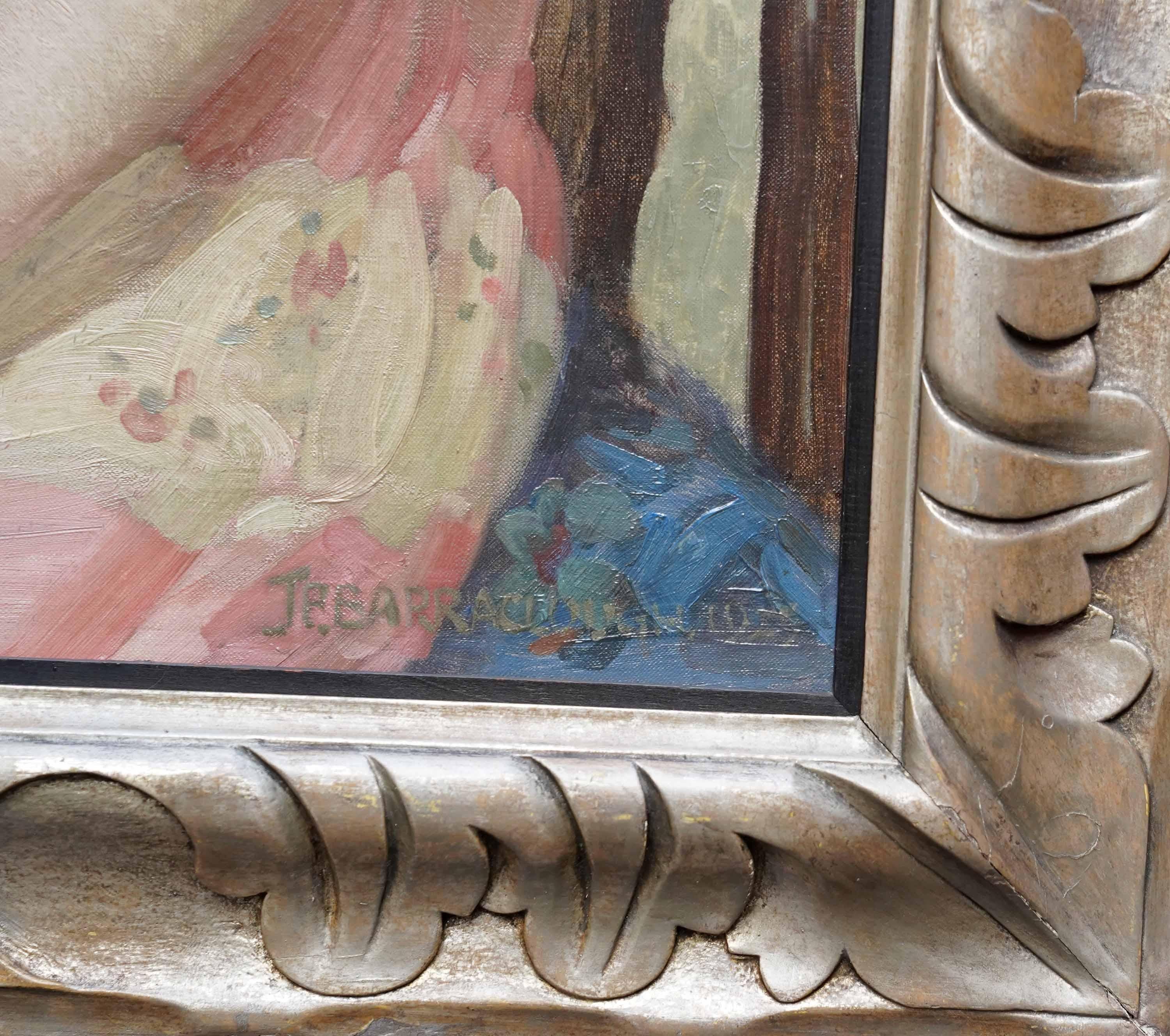 Portrait of a Lady in Pink Dress - British 1920's Art Deco portrait oil painting For Sale 6