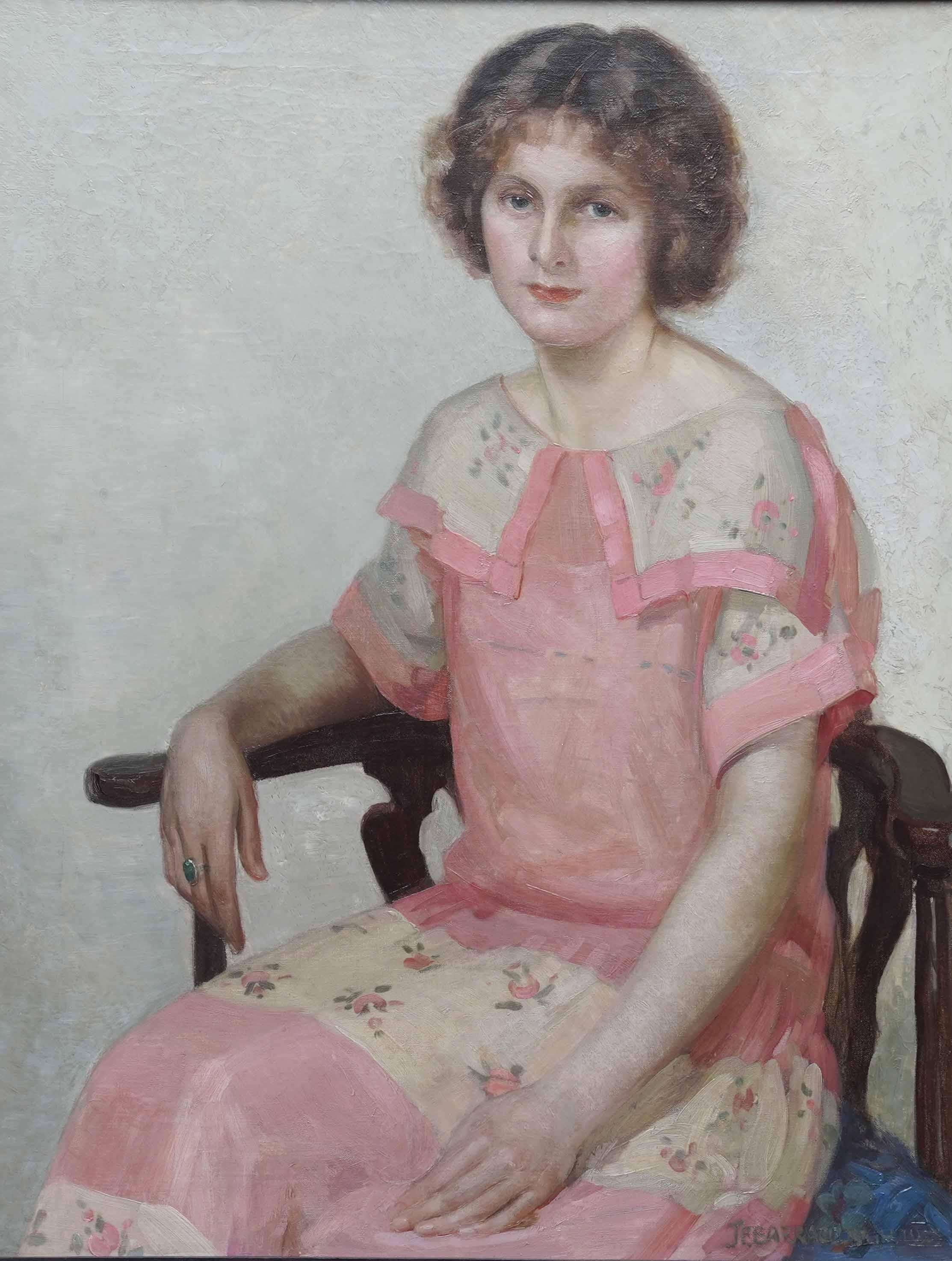 Portrait of a Lady in Pink Dress - British 1920's Art Deco portrait oil painting For Sale 8