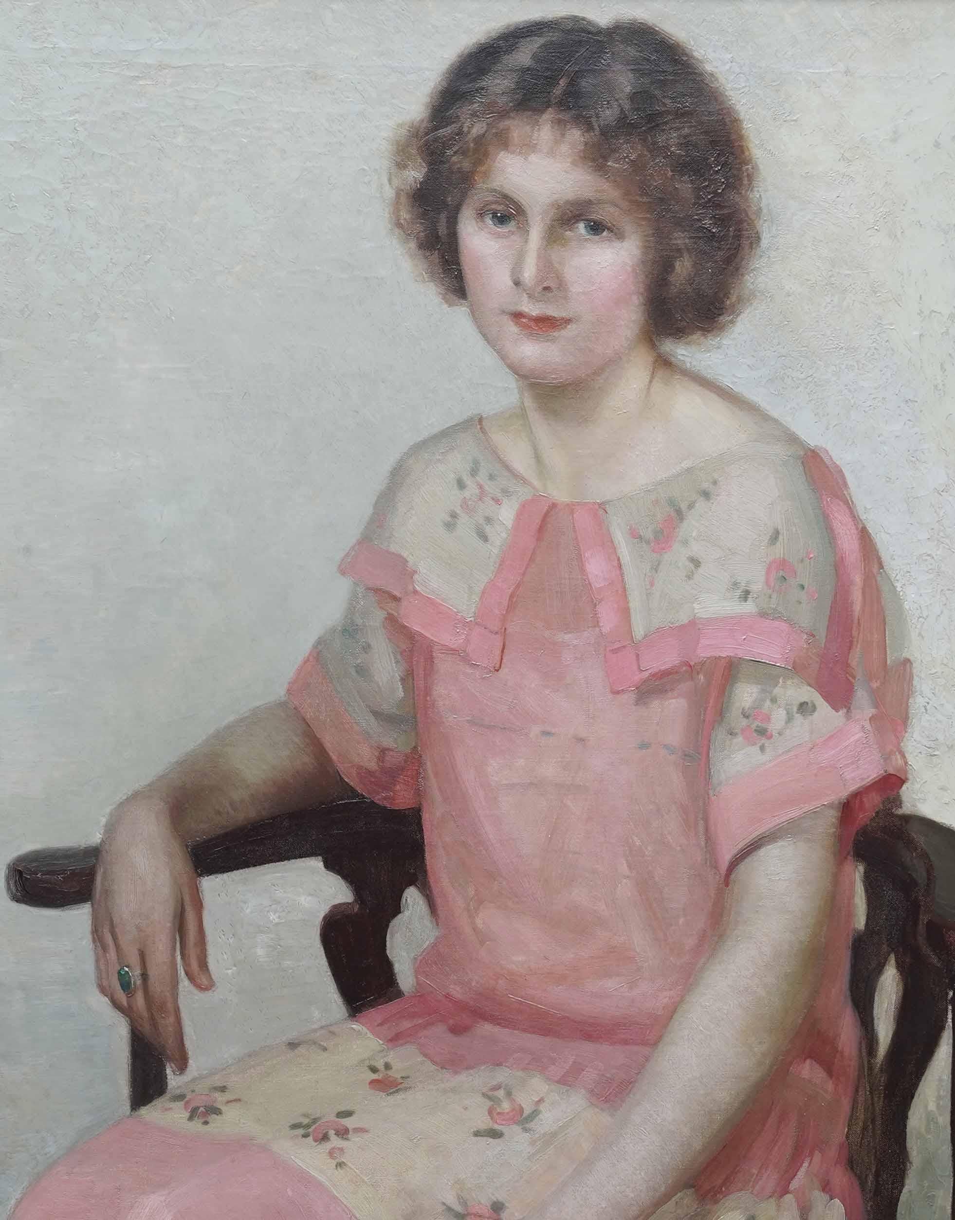 Portrait of a Lady in Pink Dress - British 1920's Art Deco portrait oil painting - Gray Portrait Painting by James P Barraclough