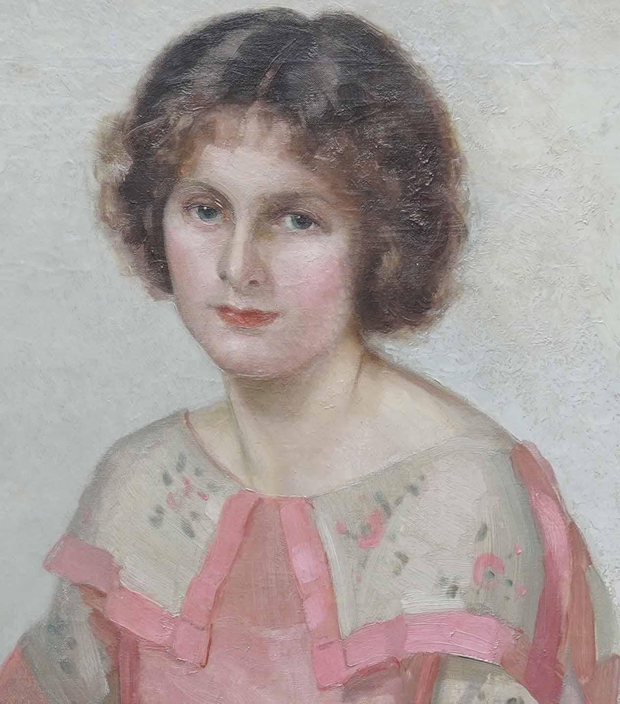 Portrait of a Lady in Pink Dress - British 1920's Art Deco portrait oil painting For Sale 1