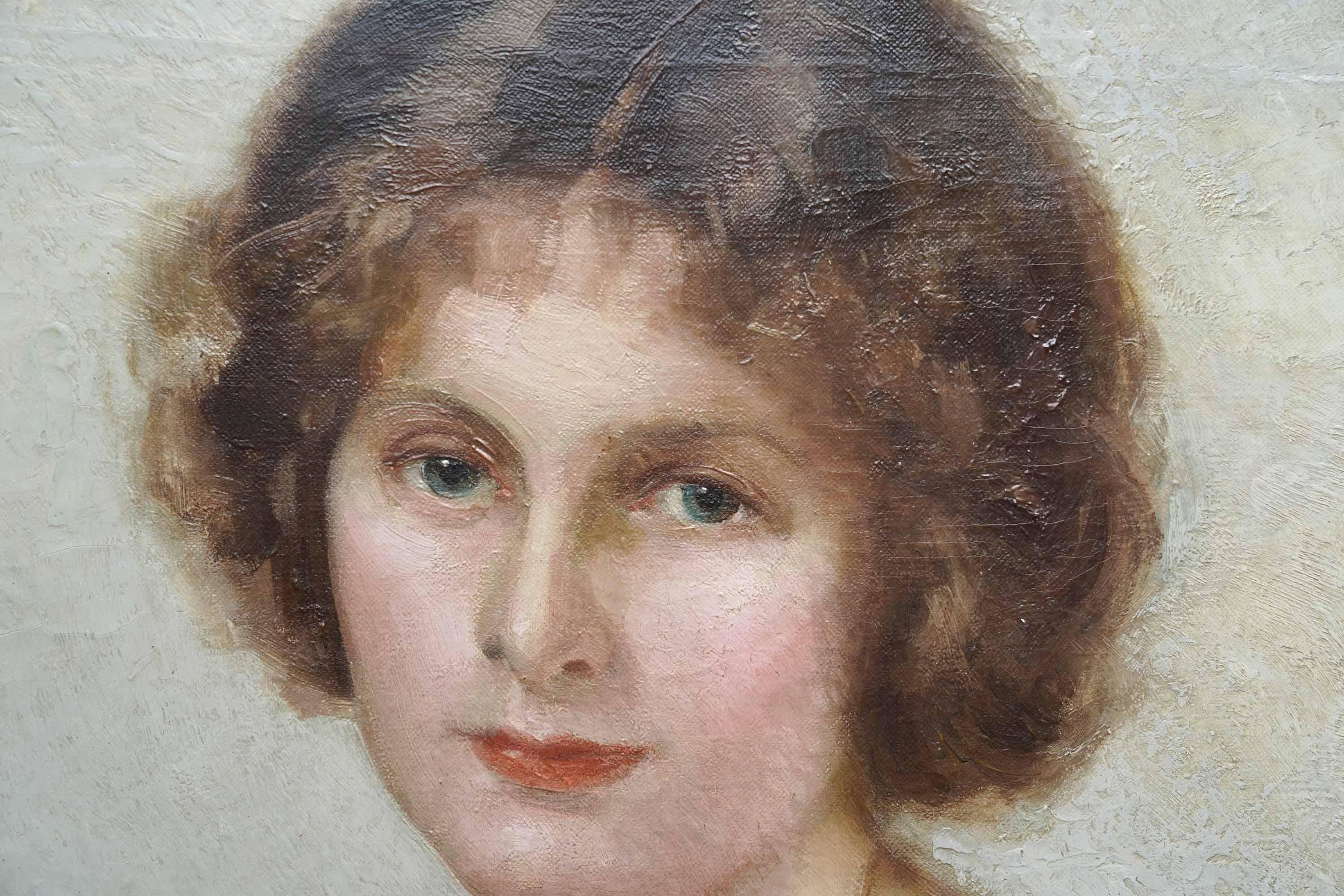 Portrait of a Lady in Pink Dress - British 1920's Art Deco portrait oil painting For Sale 2