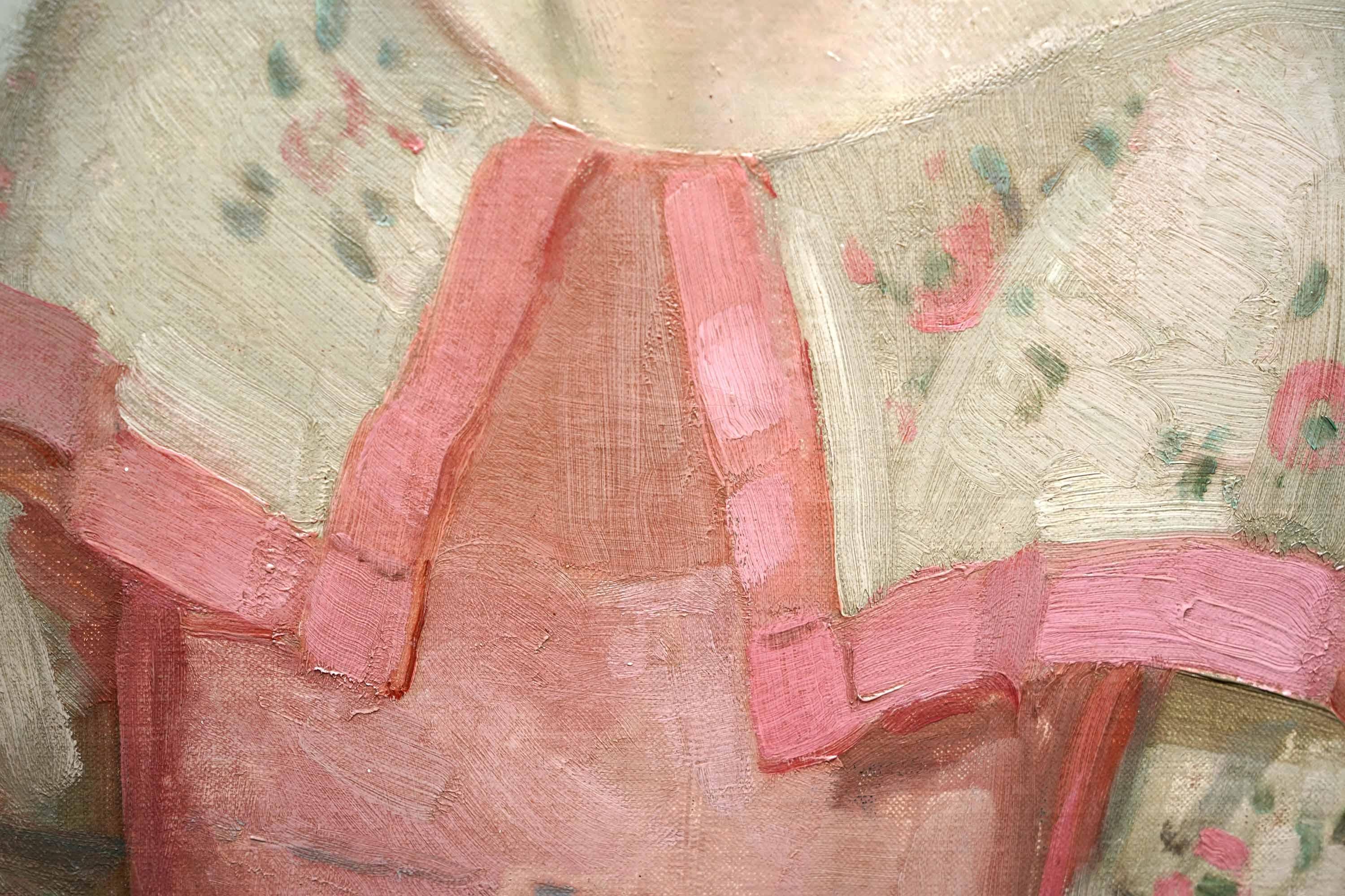 Portrait of a Lady in Pink Dress - British 1920's Art Deco portrait oil painting For Sale 3