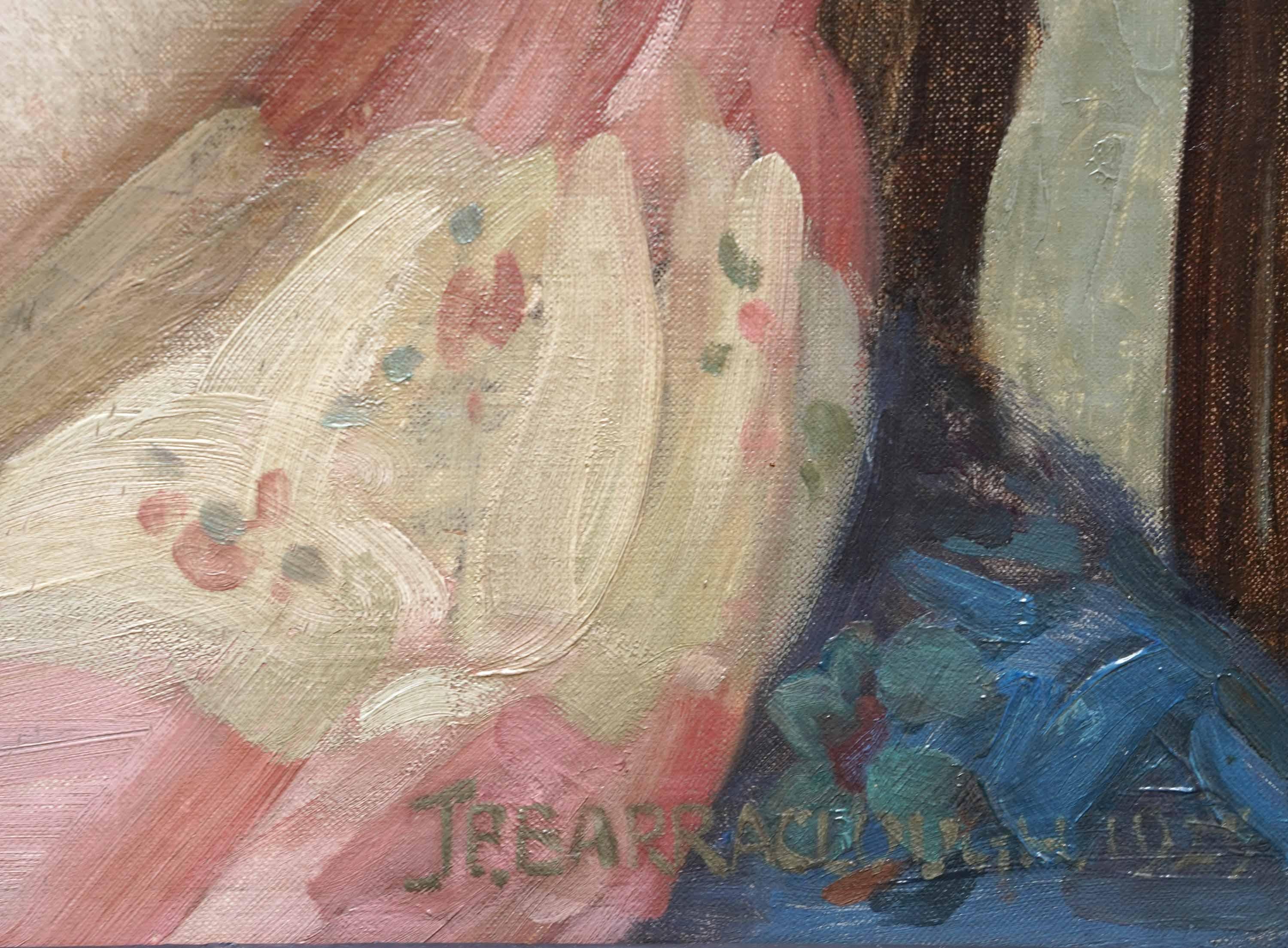 Portrait of a Lady in Pink Dress - British 1920's Art Deco portrait oil painting For Sale 5