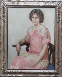 Portrait of a Lady in Pink Dress - British 1920's Art Deco portrait oil painting