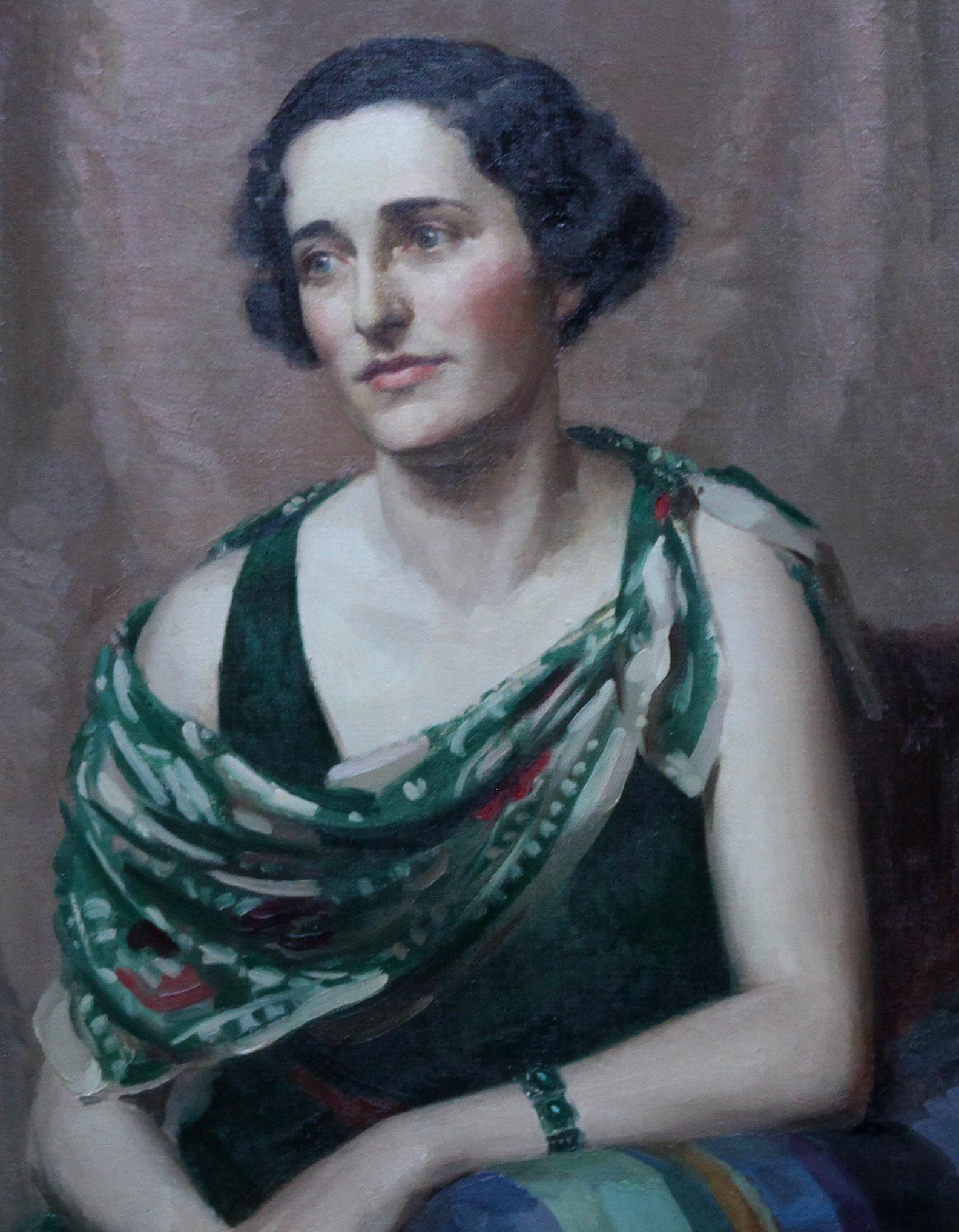 Pamela Abercromby - Portrait à l'huile britannique Art Déco des années 30, dame en vert - Art déco Painting par James P. Barraclough
