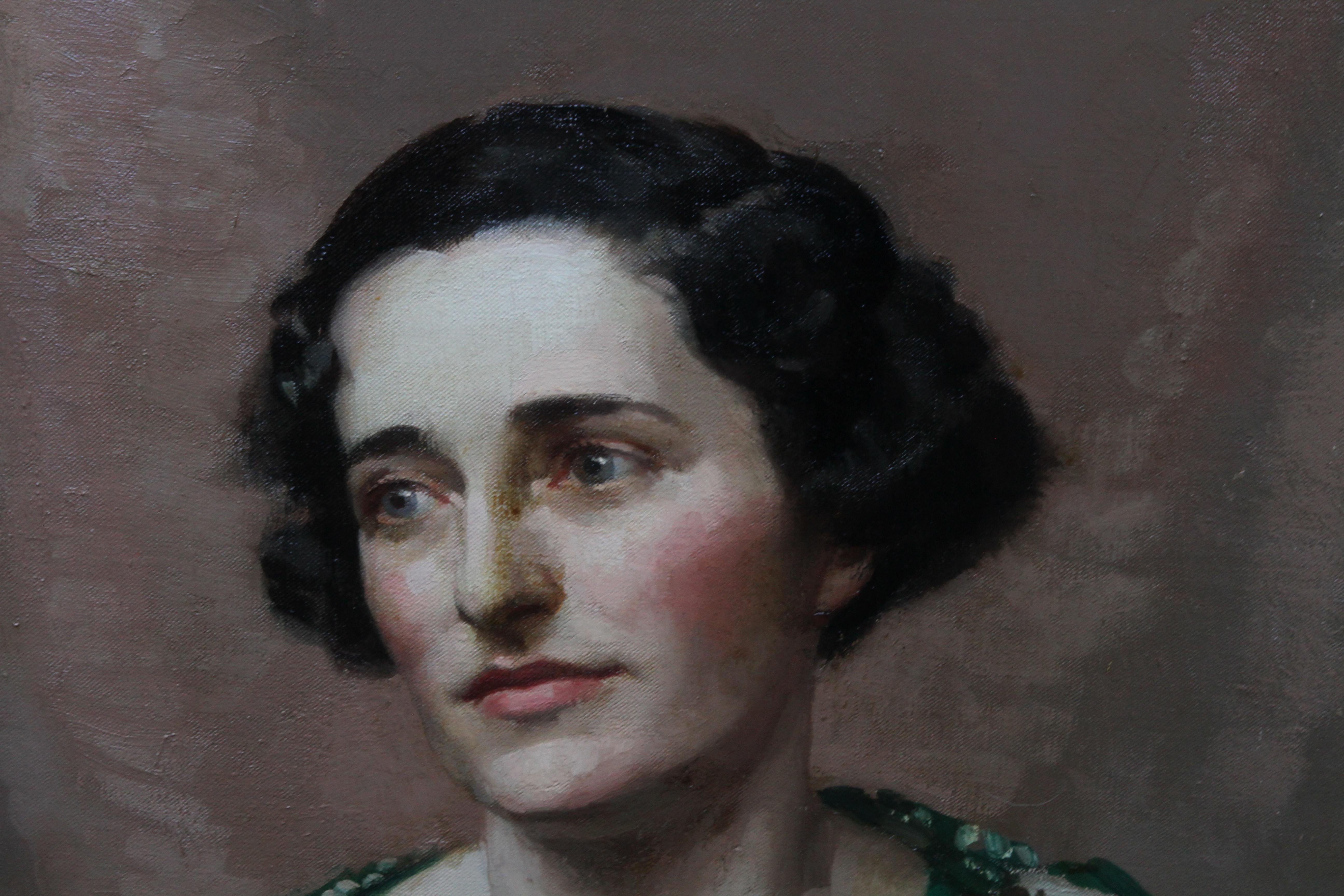 Pamela Abercromby – Britisches Art-déco-Porträt-Ölgemälde einer Dame in Grün, 30er Jahre im Angebot 1