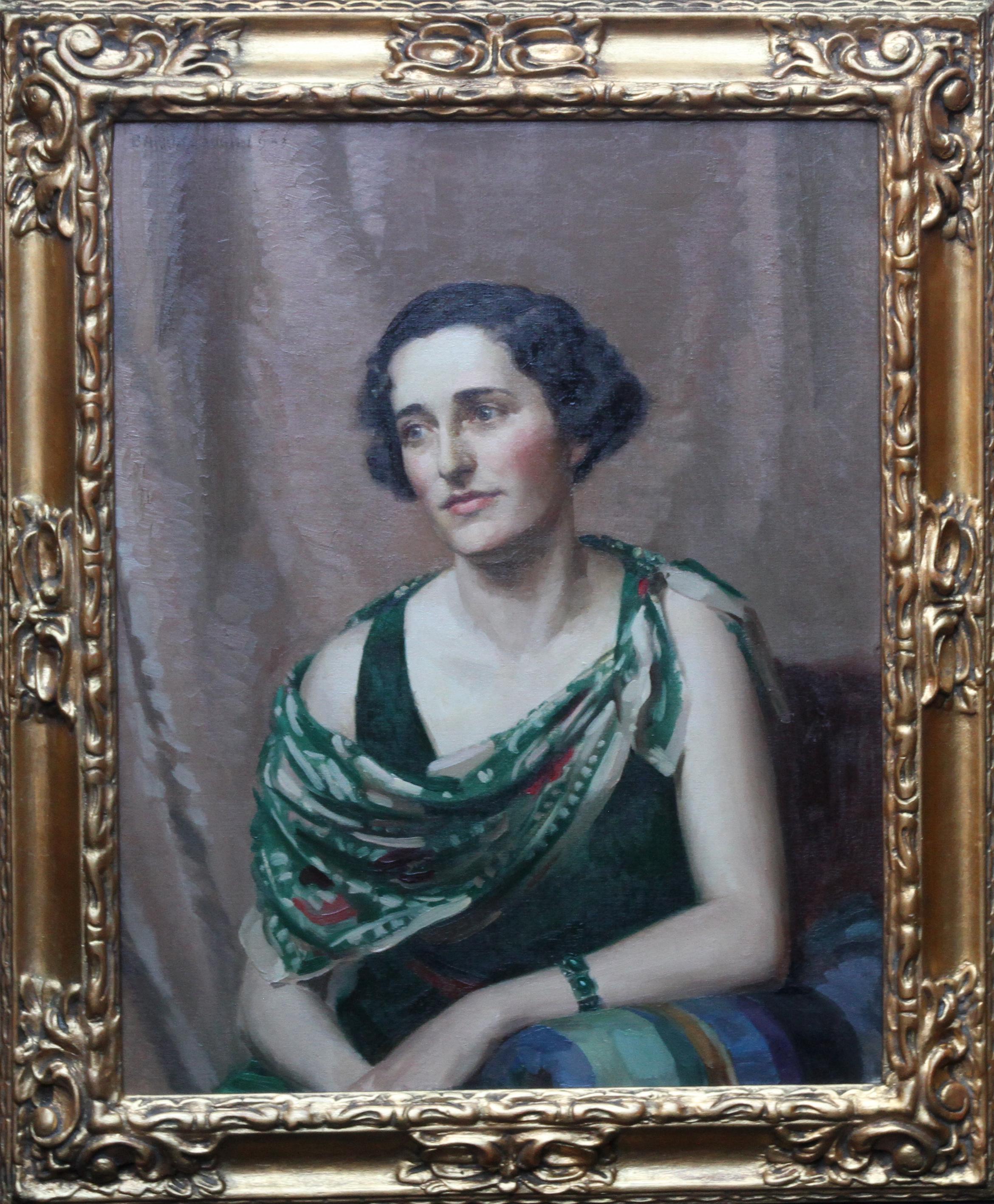 Portrait Painting James P. Barraclough - Pamela Abercromby - Portrait à l'huile britannique Art Déco des années 30, dame en vert