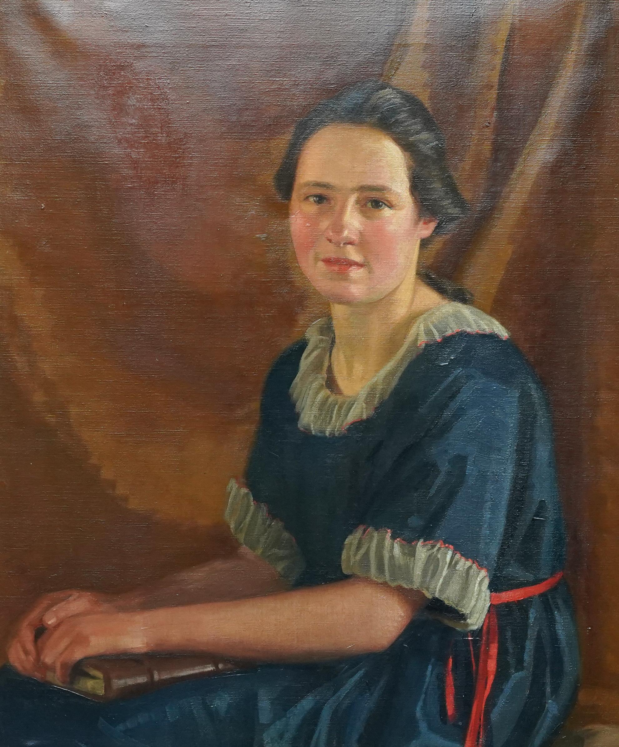 Porträt einer jungen Frau mit Buch - Britisches Art-déco-Porträt-Ölgemälde der 20er Jahre – Painting von James P. Barraclough