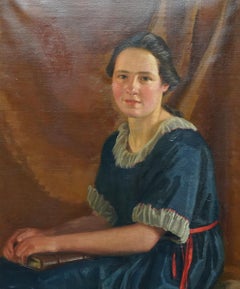 Portrait of a Young Woman with Book - British Art Deco 20s portrait oil painting
