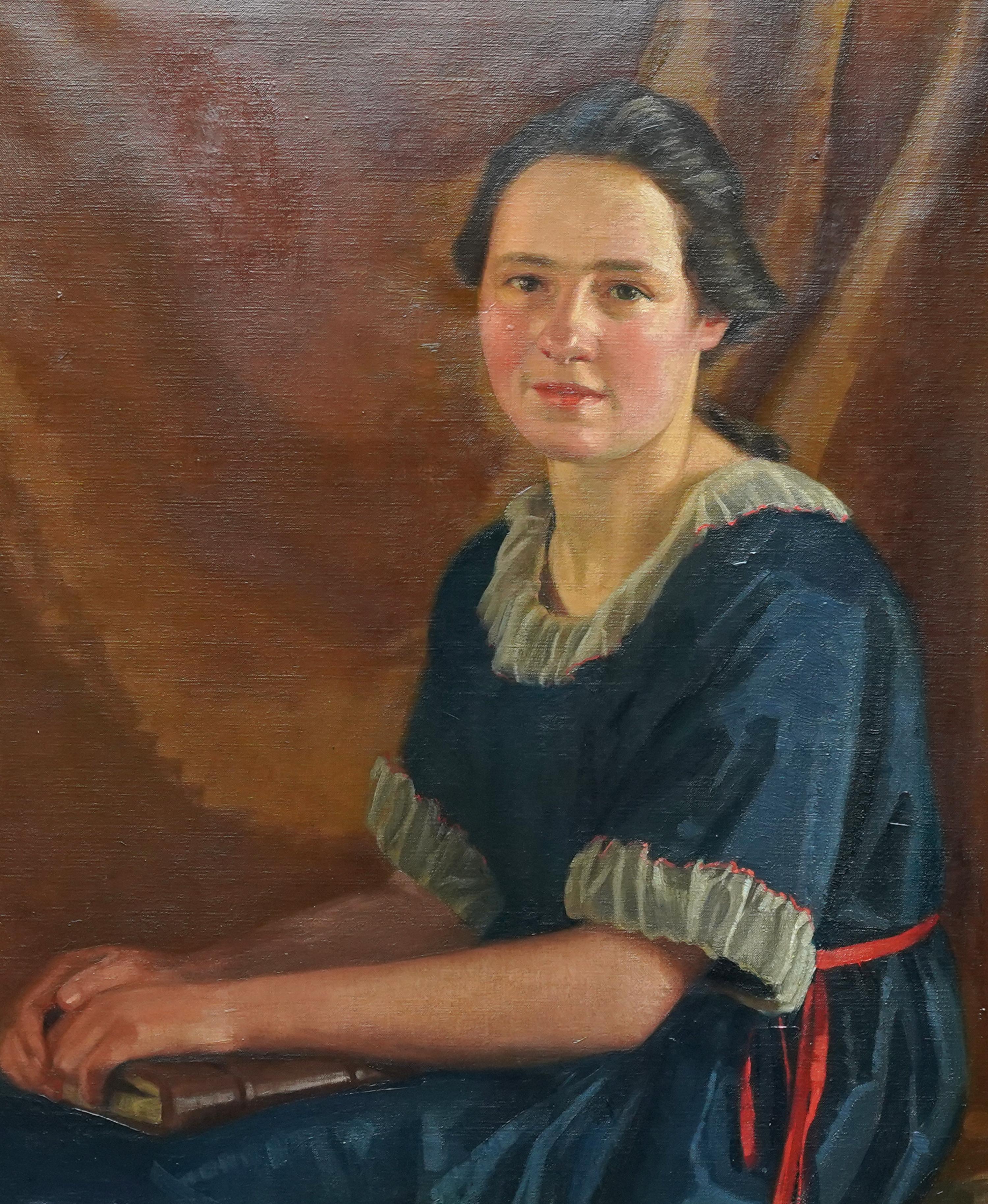 Porträt einer jungen Frau mit Buch - Britisches Art-déco-Porträt-Ölgemälde der 20er Jahre (Art déco), Painting, von James P. Barraclough