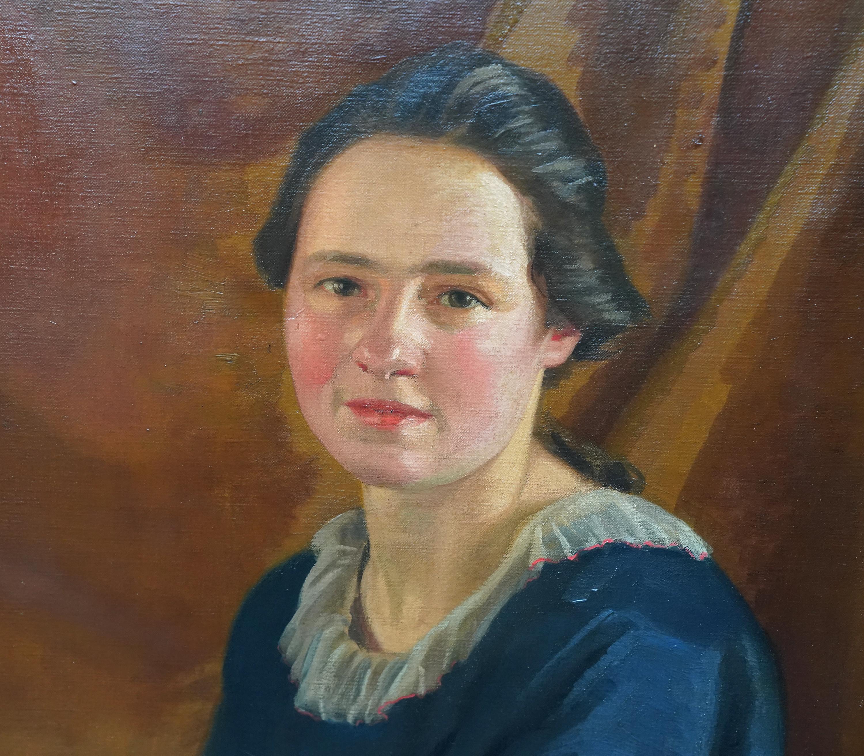 Porträt einer jungen Frau mit Buch - Britisches Art-déco-Porträt-Ölgemälde der 20er Jahre im Angebot 1