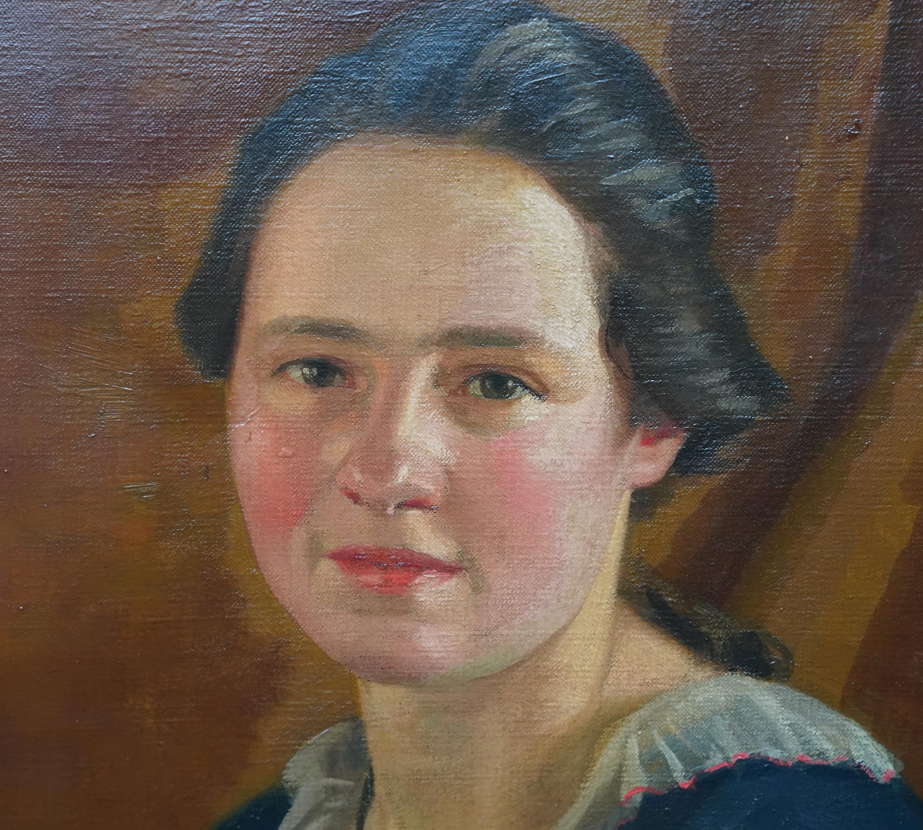 Porträt einer jungen Frau mit Buch - Britisches Art-déco-Porträt-Ölgemälde der 20er Jahre im Angebot 2