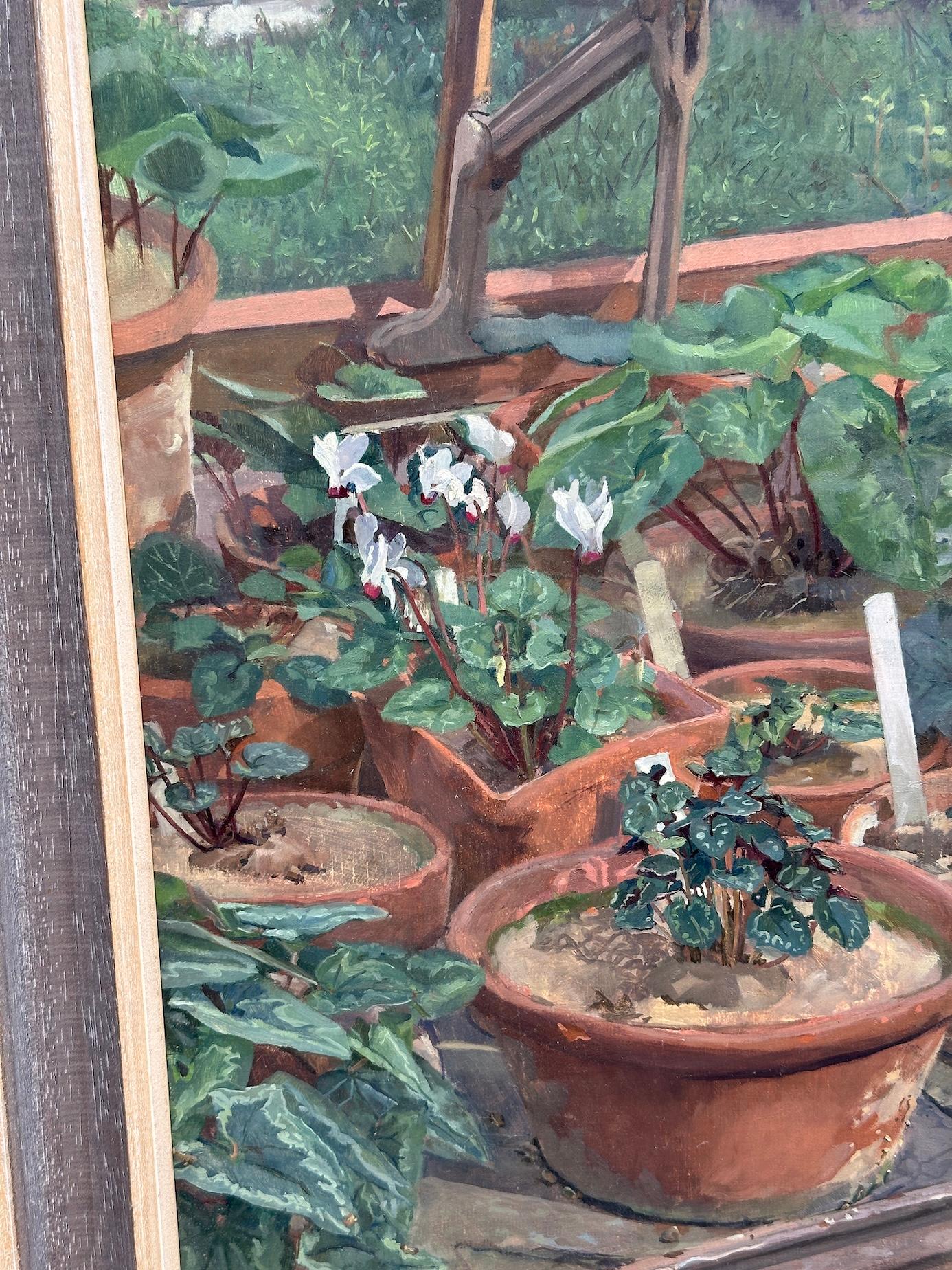 20th century British/English Impressionist of a greenhouse interior with plants - Gray Figurative Painting by James Parfitt