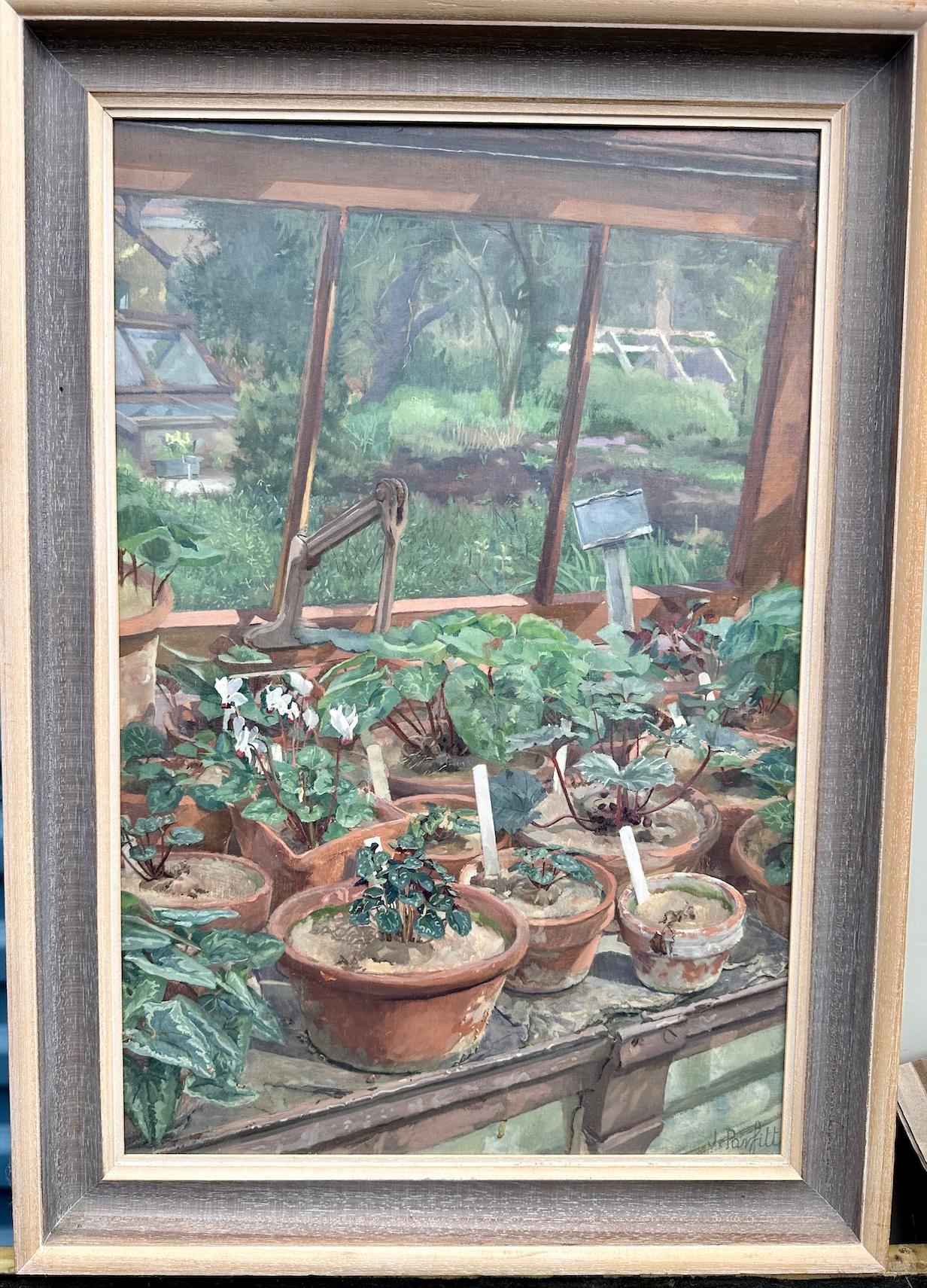 English Impressionist del XX secolo raffigurante un interno di serra con piante