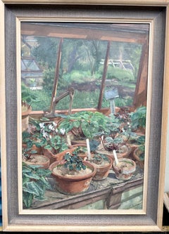 English Impressionist del XX secolo raffigurante un interno di serra con piante