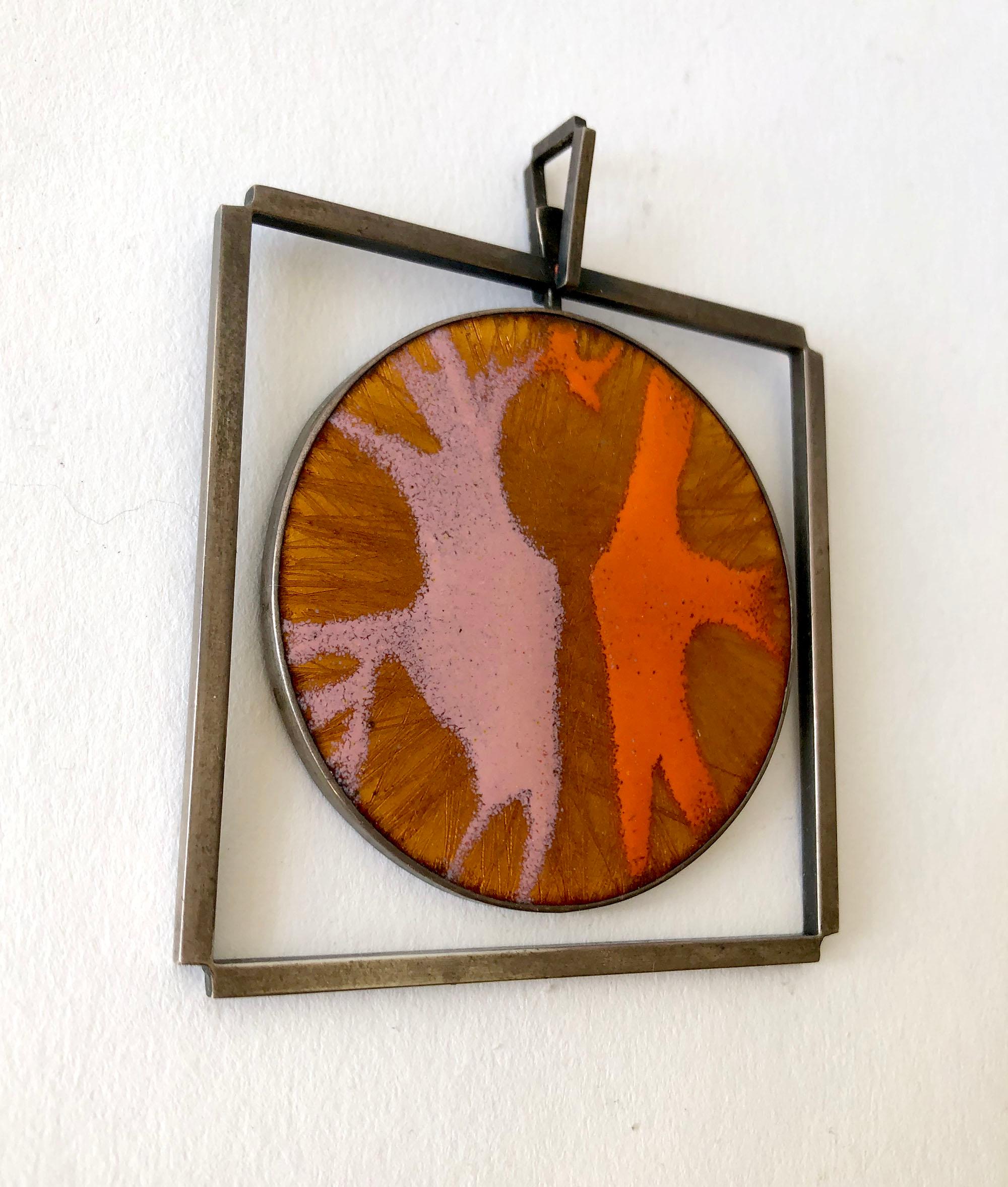 James Parker Sterling Silver Orange and Pink Enamel San Diego Modernist Pendant In Good Condition For Sale In Palm Springs, CA