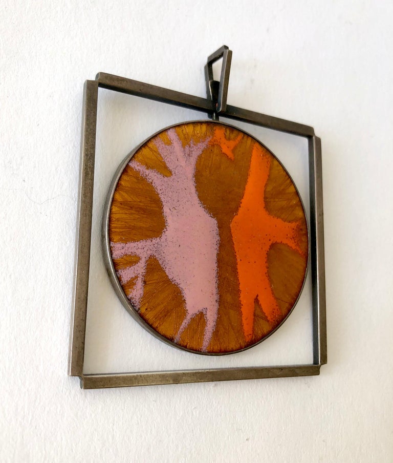 James Parker Sterling Silver Orange and Pink Enamel San Diego Modernist Pendant In Good Condition For Sale In Los Angeles, CA