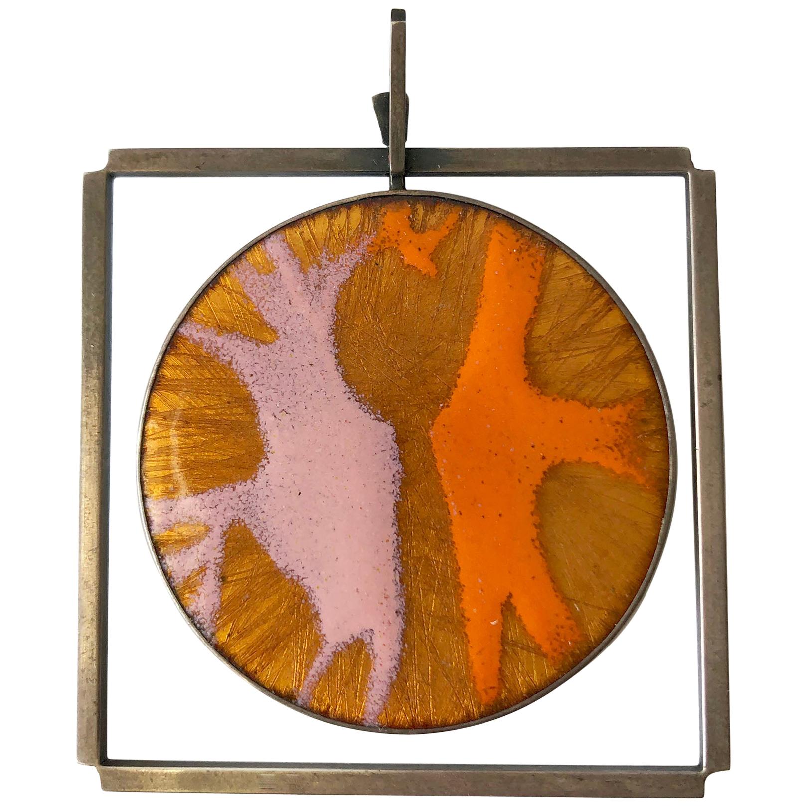 James Parker Sterling Silver Orange and Pink Enamel San Diego Modernist Pendant