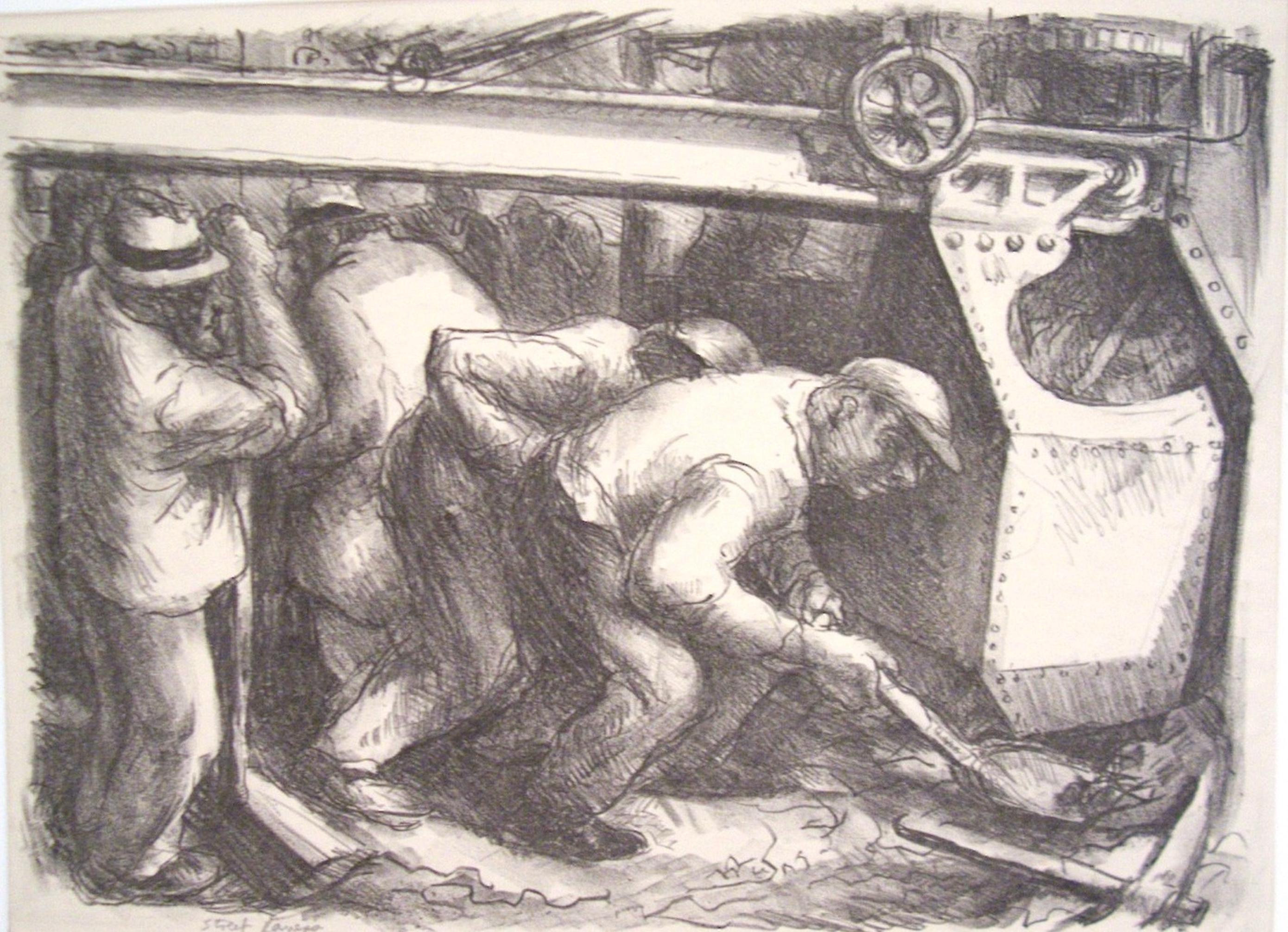 James Penney war weithin bekannt für seine New Yorker Titelseiten sowie für seine Gemälde und Drucke. Diese Lithografie von männlichen Arbeitern, Street Pavers, erinnert uns an die harte Arbeit, die uns alle unterstützt. Und natürlich sind die