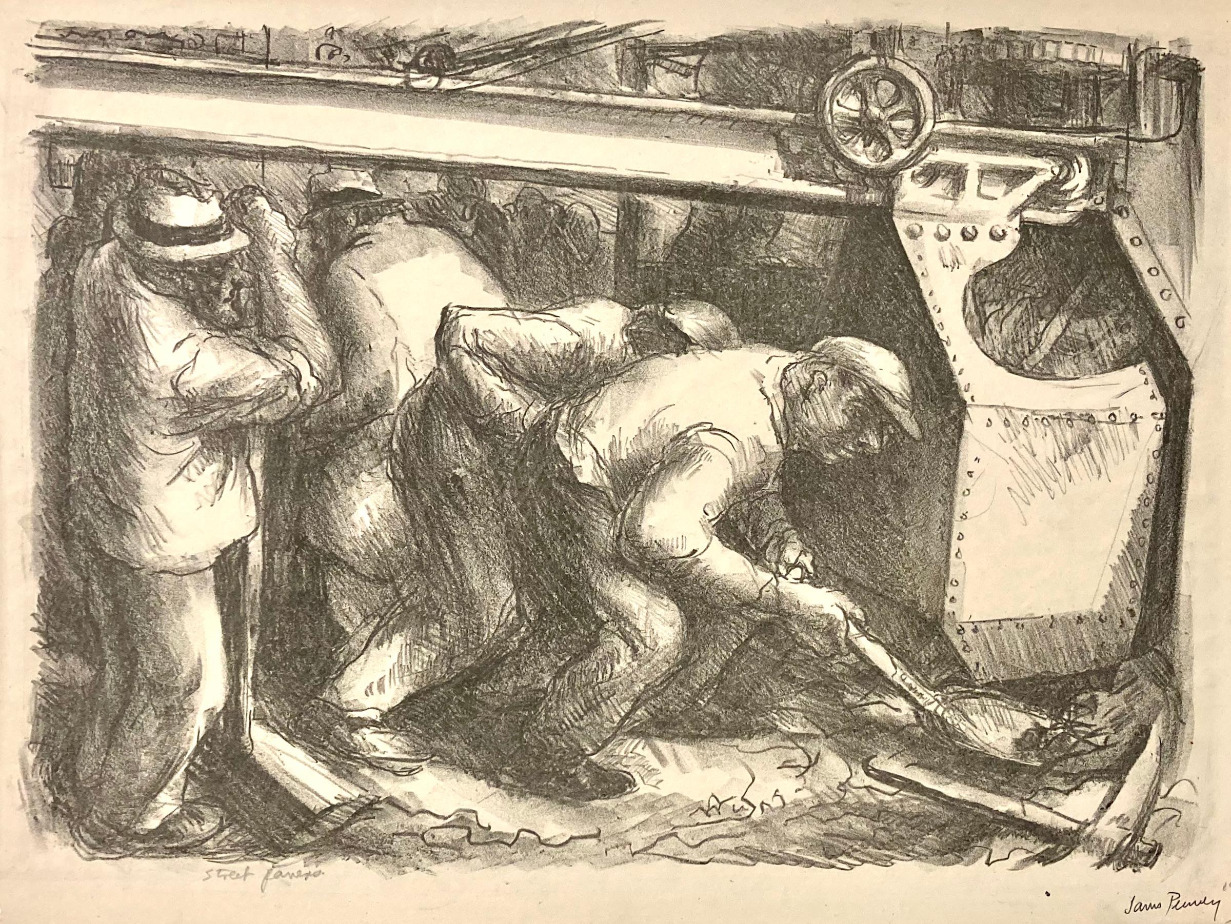 James Penney era molto conosciuto per le sue copertine del New Yorker, oltre che per i suoi dipinti e le sue stampe. Questa litografia di operai maschi, Street Pavers, ci ricorda il lavoro massacrante che sostiene tutti noi. E naturalmente i