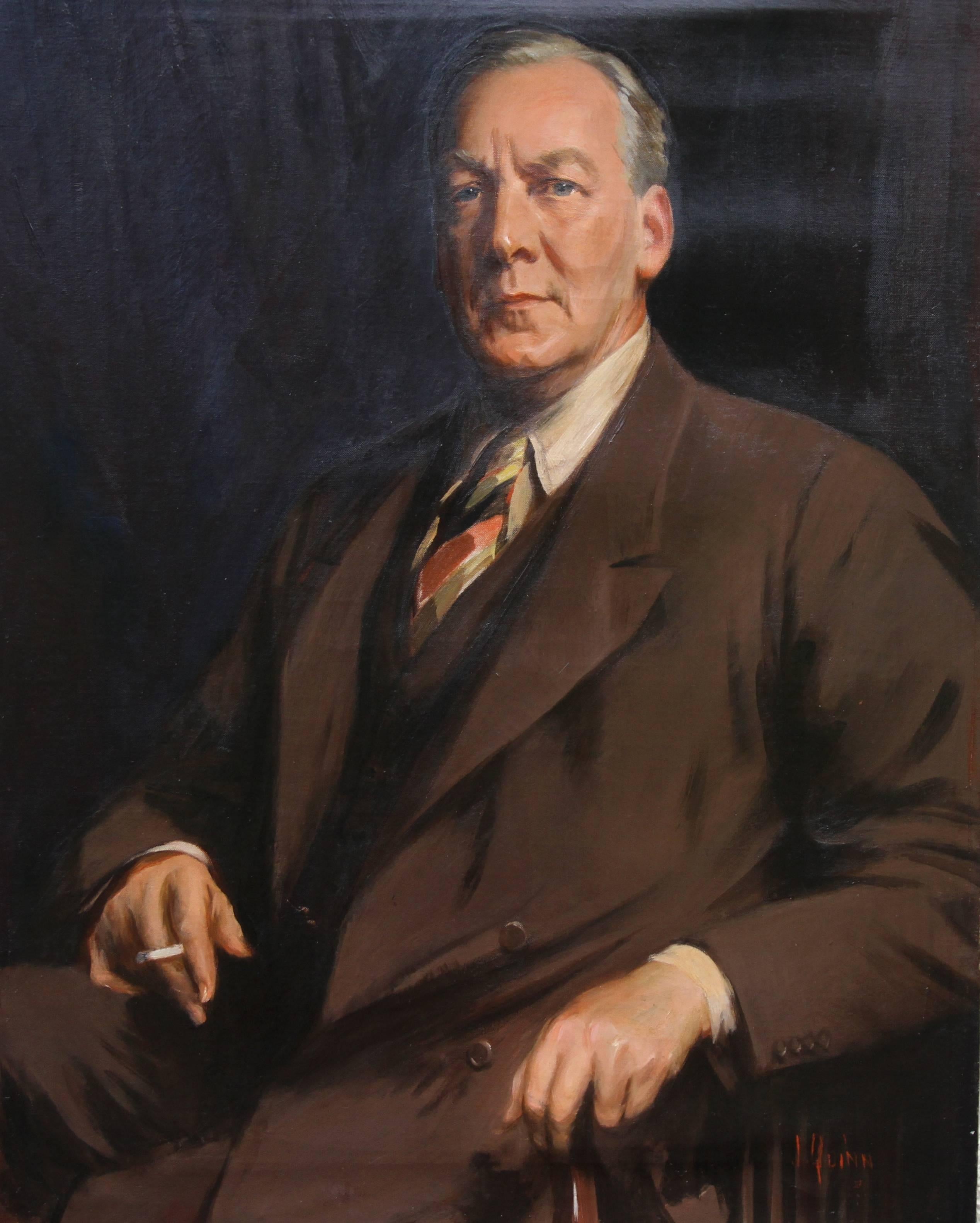 Portrait Painting James Peter Quinn - Portrait de John Gilbert - Peinture à l'huile d'un portrait d'homme de l'art australien exposé dans les années 20