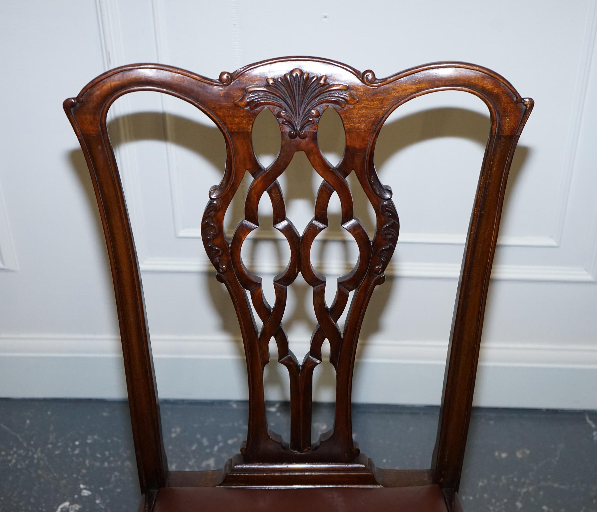 British James Phillips Chippendale Style Claw & Ball Side Dining Desk Leather Chairs For Sale