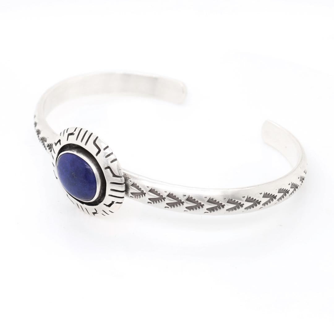 James Pioche Signed Navajo Sterling Silver & Lapis Lazuli Cuff Bracelet For Sale 5