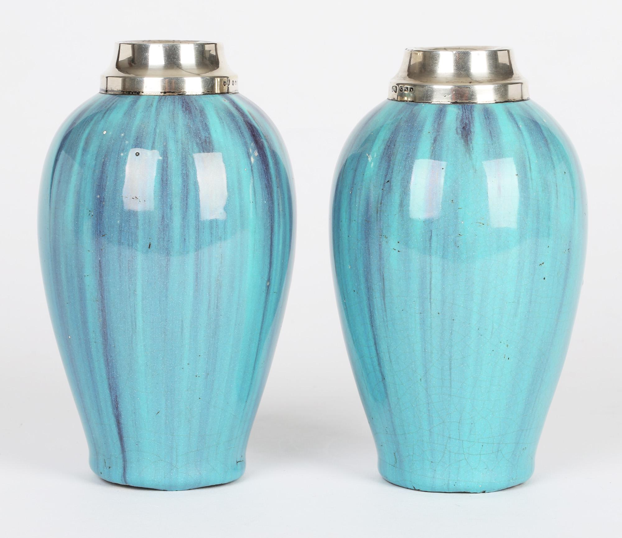 James Plant Pair Art Nouveau Silver Mounted Turquoise Streak Glazed Vases For Sale 5