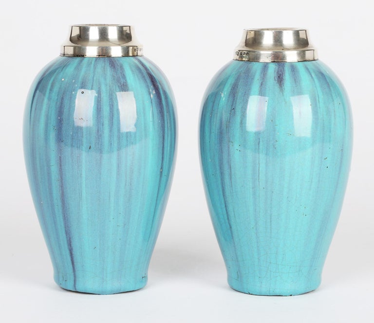 James Plant Pair Art Nouveau Silver Mounted Turquoise Streak Glazed Vases For Sale 7