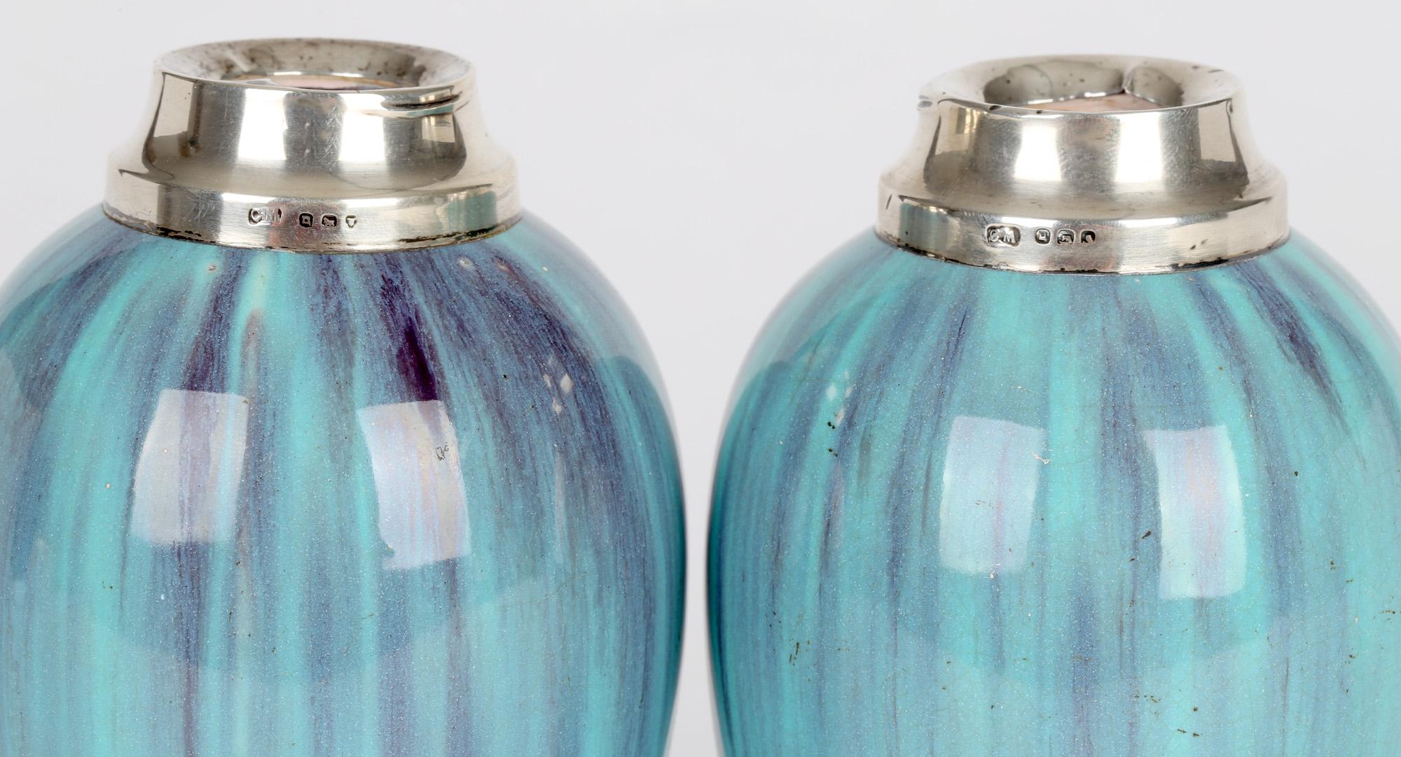 James Plant Pair Art Nouveau Silver Mounted Turquoise Streak Glazed Vases For Sale 6