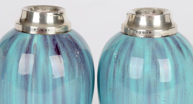 James Plant Pair Art Nouveau Silver Mounted Turquoise Streak Glazed Vases For Sale 8