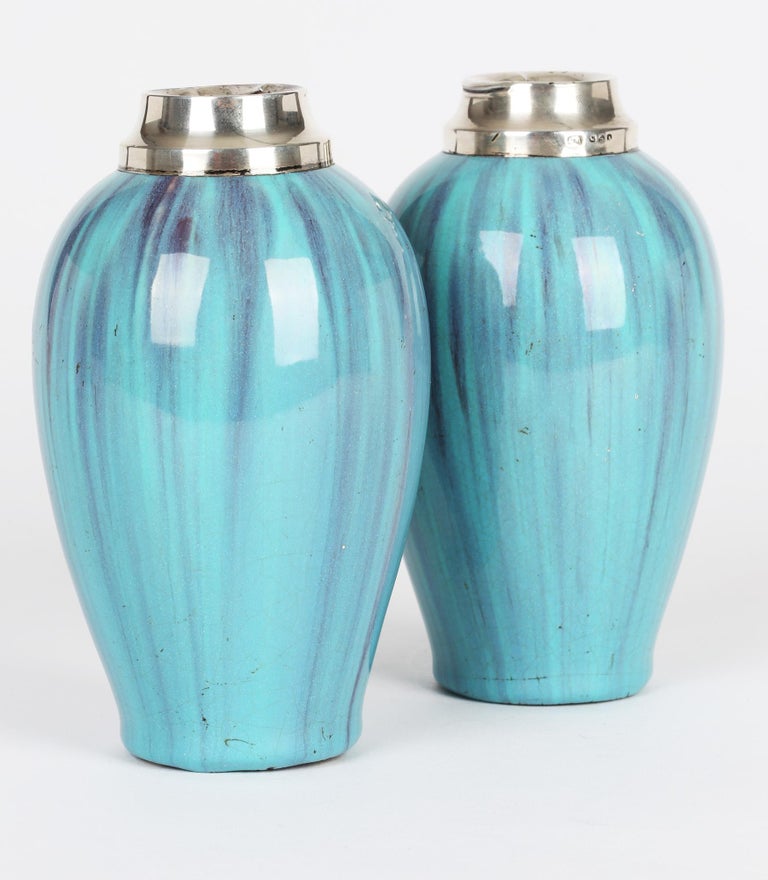 English James Plant Pair Art Nouveau Silver Mounted Turquoise Streak Glazed Vases For Sale
