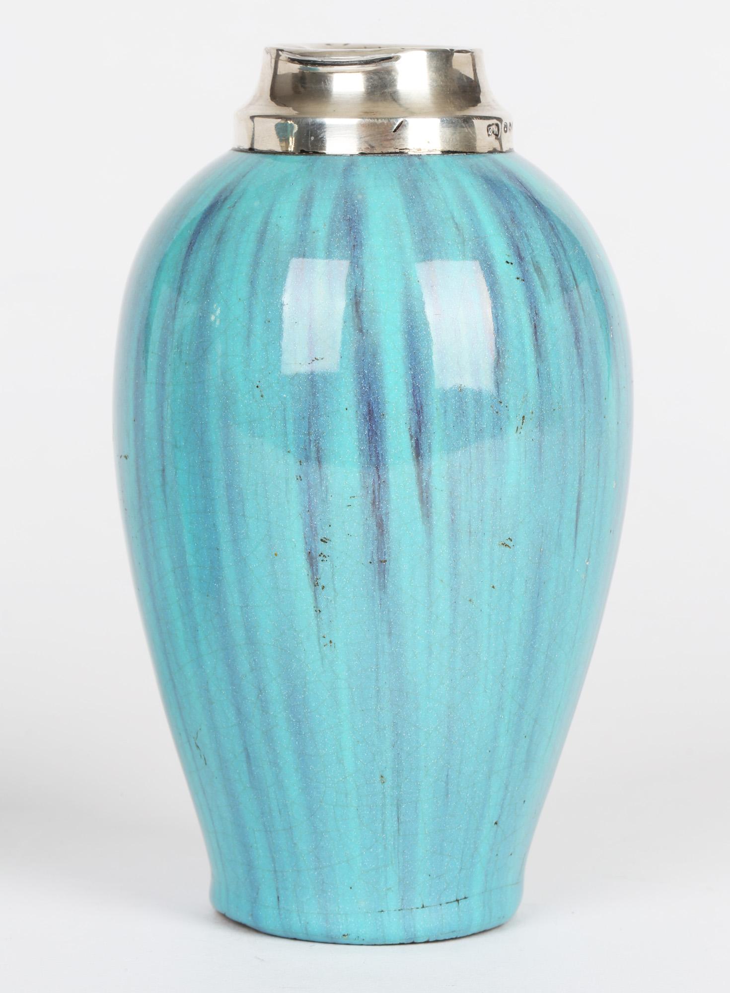 English James Plant Pair Art Nouveau Silver Mounted Turquoise Streak Glazed Vases For Sale