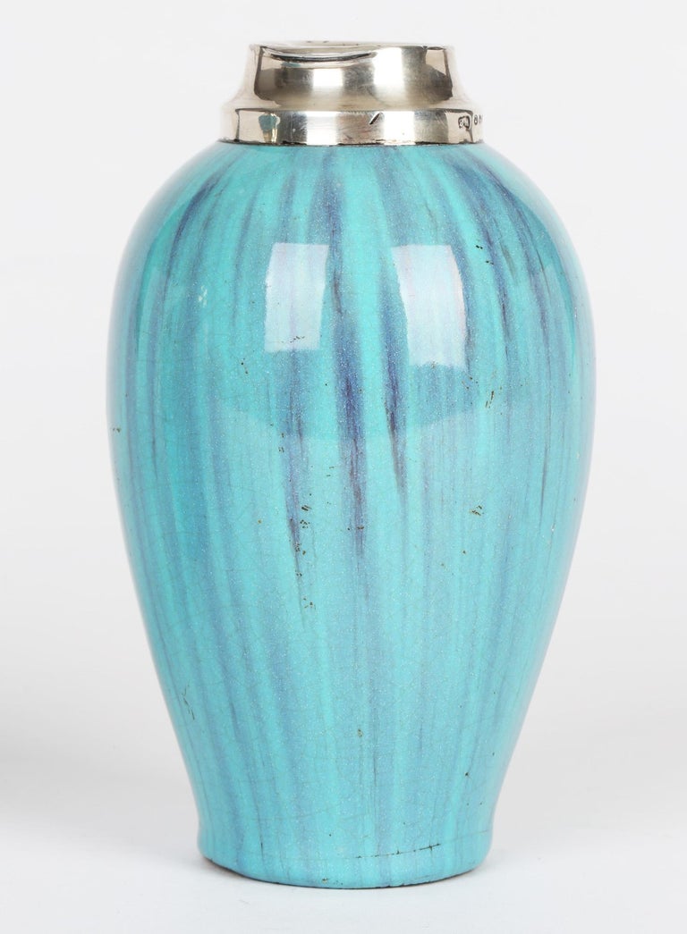 20th Century James Plant Pair Art Nouveau Silver Mounted Turquoise Streak Glazed Vases For Sale