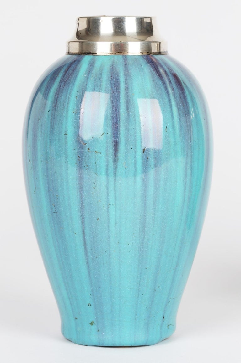 James Plant Pair Art Nouveau Silver Mounted Turquoise Streak Glazed Vases For Sale 2