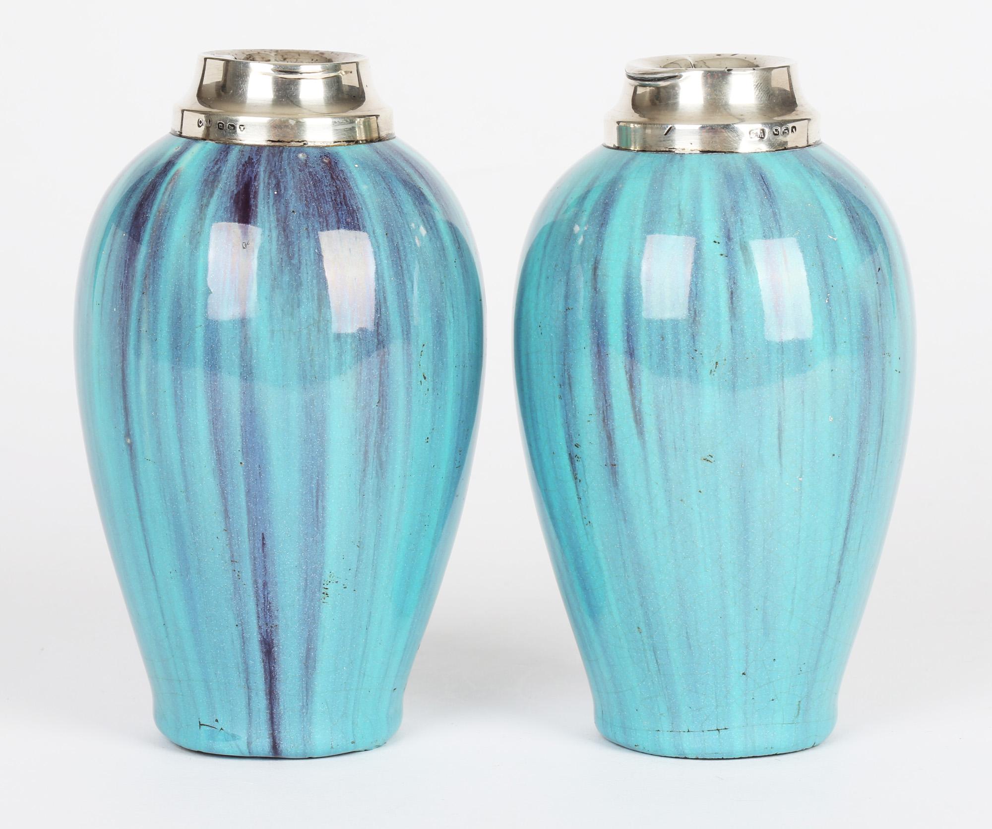 James Plant Pair Art Nouveau Silver Mounted Turquoise Streak Glazed Vases For Sale 1