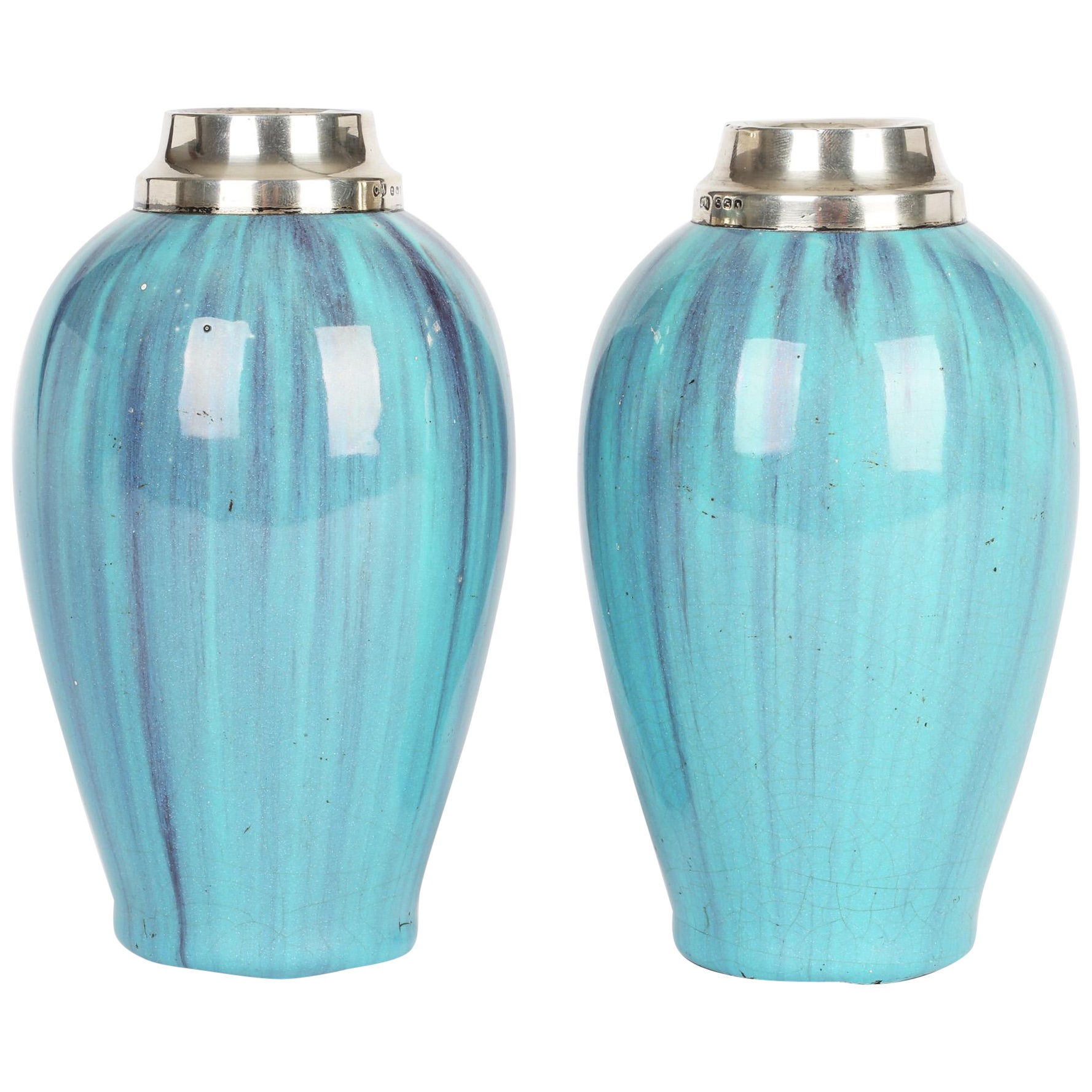 James Plant Pair Art Nouveau Silver Mounted Turquoise Streak Glazed Vases