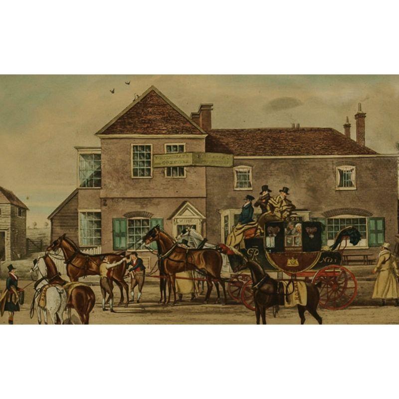 Classic coaching colour plate painted by James Pollard (1792-1867) titled 'The Bedford Times' 'Changing of Horses at the Old White Lion 1830'

Print Sz: 11 1/4
