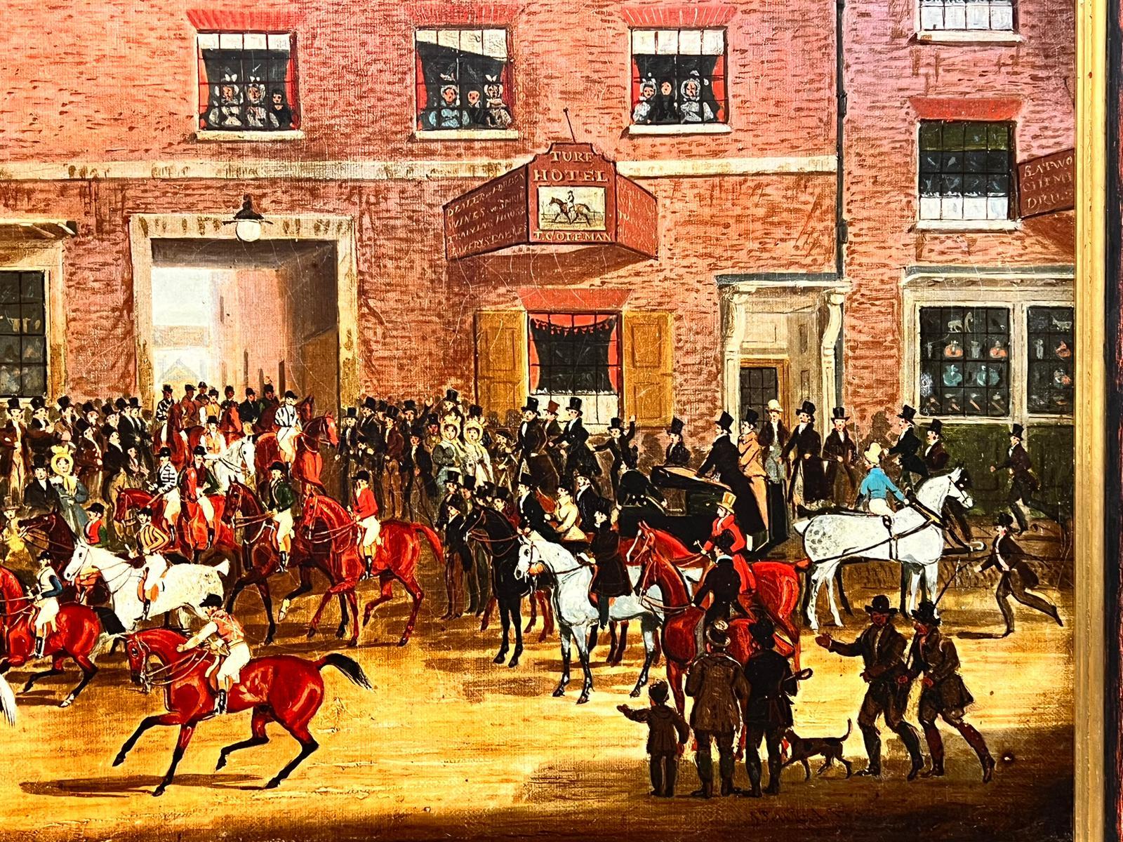 Classic British Sporting Art Picture Start of the Race Figures Horses in Town For Sale 1