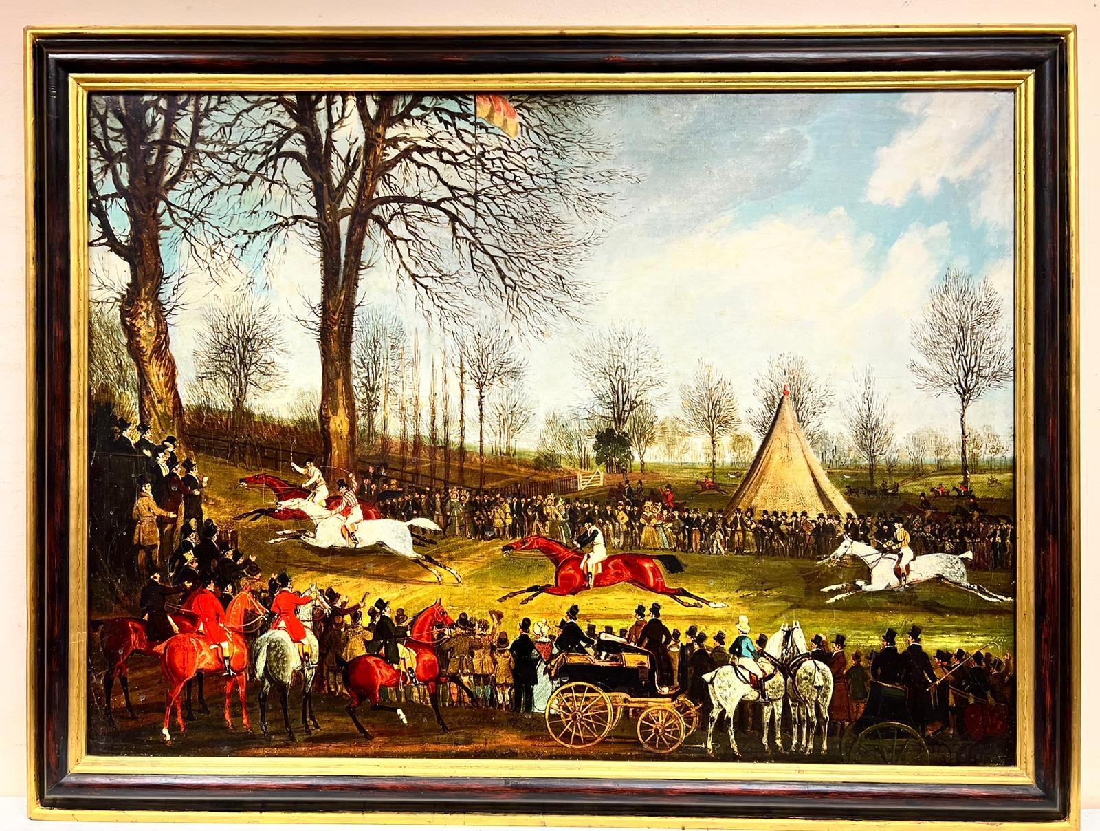 Classic Large Scale British Horse Racing Country Steeple Chase with many Figures - Painting by James Pollard