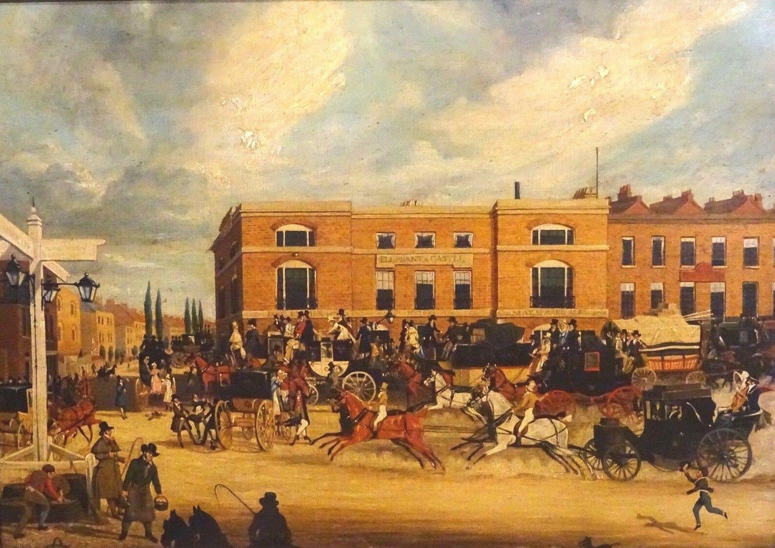 Street Scene At Elephant And Castle, London, 19th Century - Painting by James Pollard