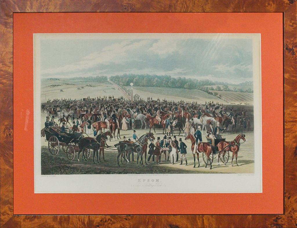 Hand-colour sporting plate by James Pollard (1792-1867)

Title: Epsom, The Betting Post

Published 1836 by Ackermann & Co

Print Sz: 14"H x 19 1/2"W 

Frame Sz: 20"H x 26"W

w/ birdseye maple frame